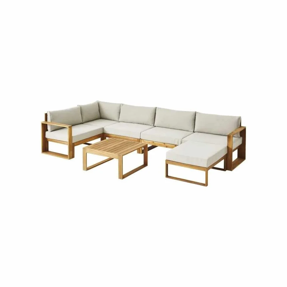 Salon de Jardin LEVATA en Bois dacacia FSC - 6 Personnes avec Ottoman - Coussins Gris et Deux Tons + Housse Incluse