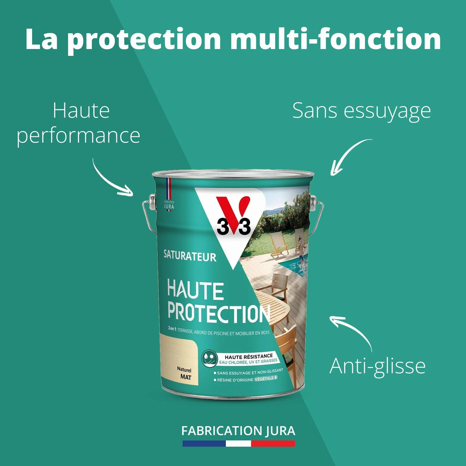 V33 Saturateur bois extérieur Naturel mat 5L - Haute résistance eau chlorée, UV et graisse - Sans essuyage et non glissant