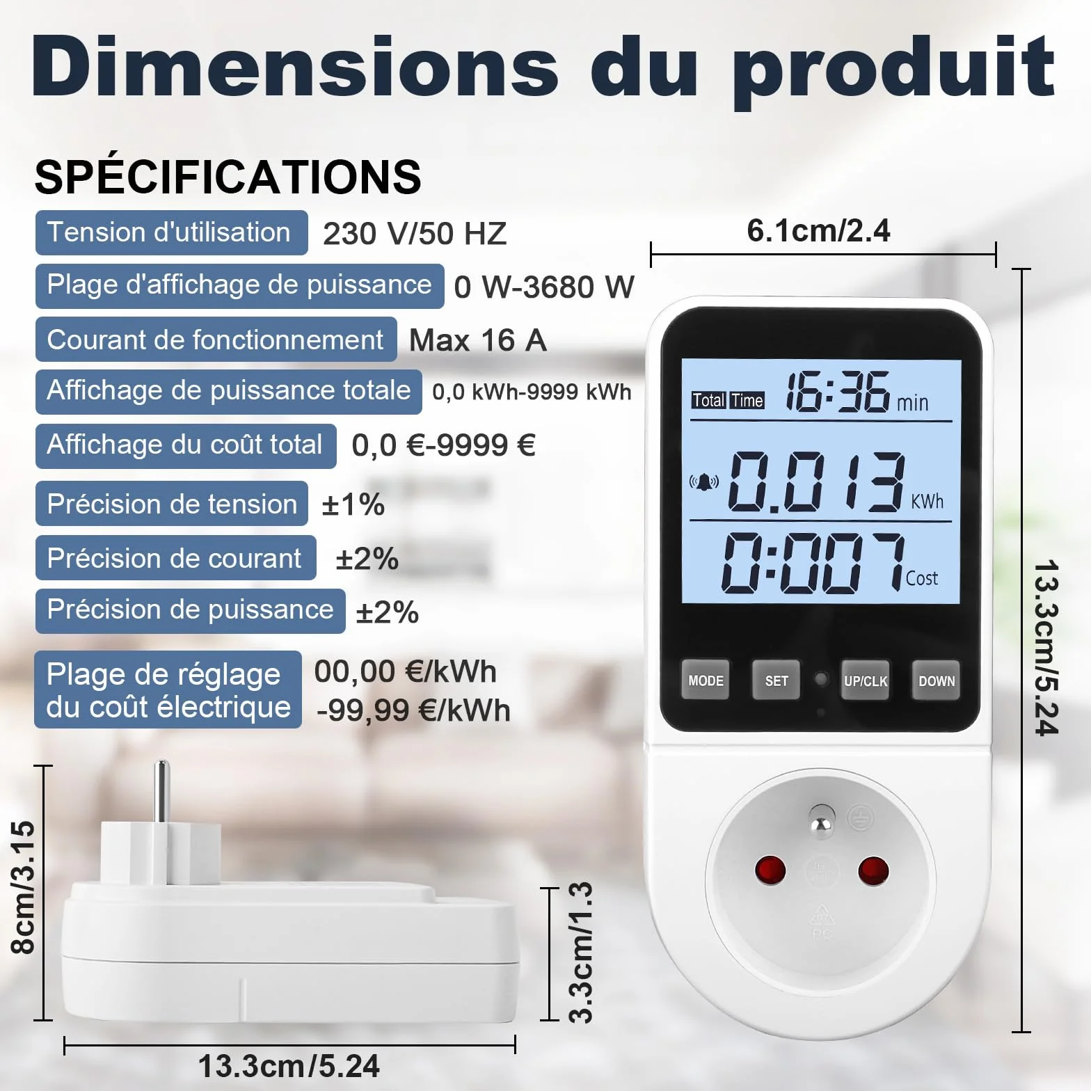 Wattmètre Prise Compteur d'Énergie 8 Modes, Écran LCD Rétroéclairé, Alarme Surcharge 3680W