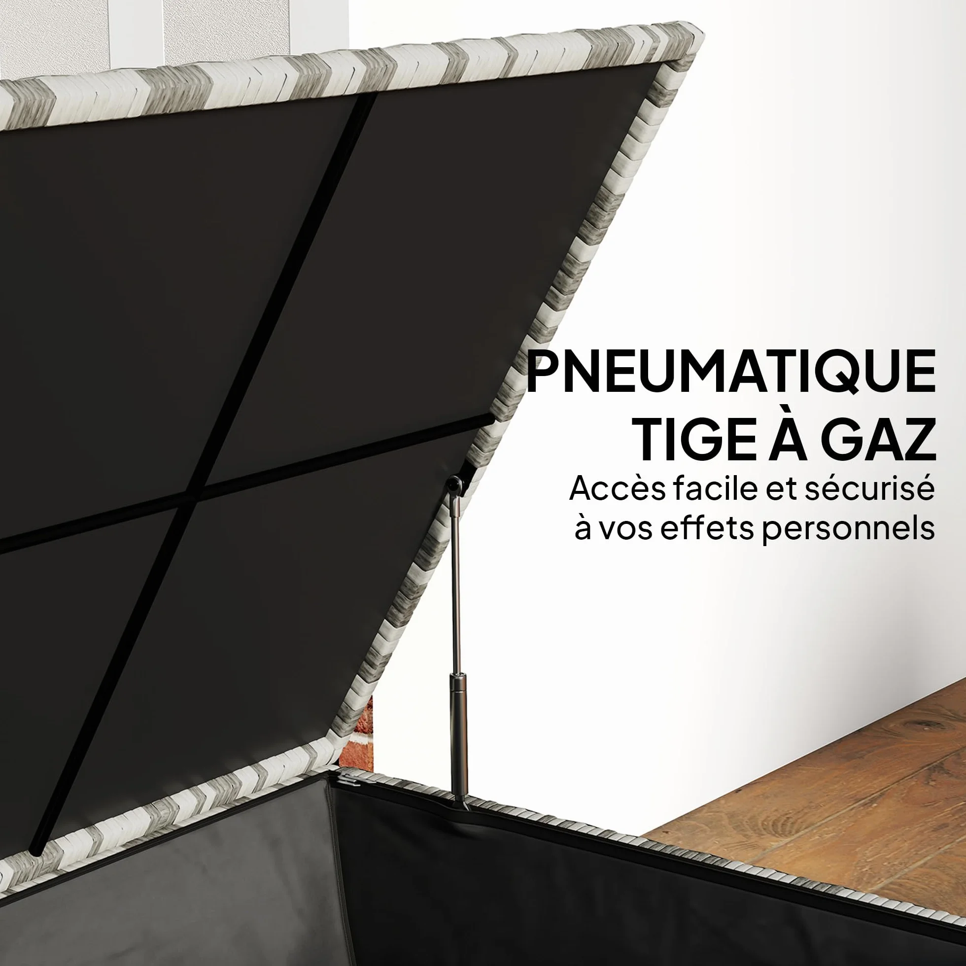 Outsunny Coffre de jardin résine tressée 650 L imperméable extérieur rangement avec doublure zippée tige pneumatique sécurisée 2 roues 150x75x74 cm gris