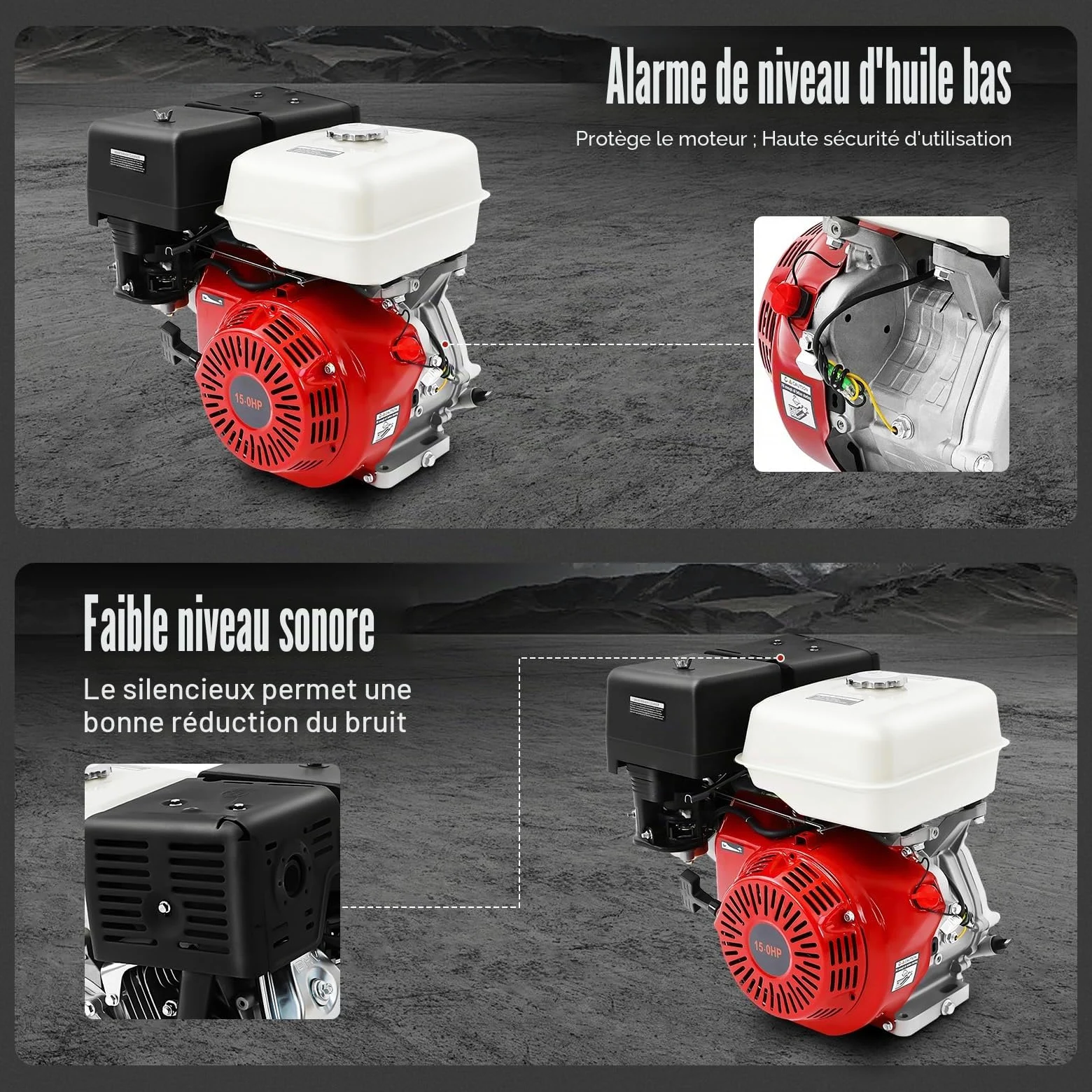 Moteur à essence 4 temps 15 CV 420 cc - Moteur sur pied - Moteur de kart - Moteur industriel - Monocylindre refroidi par air 9,7 kW - 3600 tr/min - Pour karts, pompes à eau, pelleteuses et