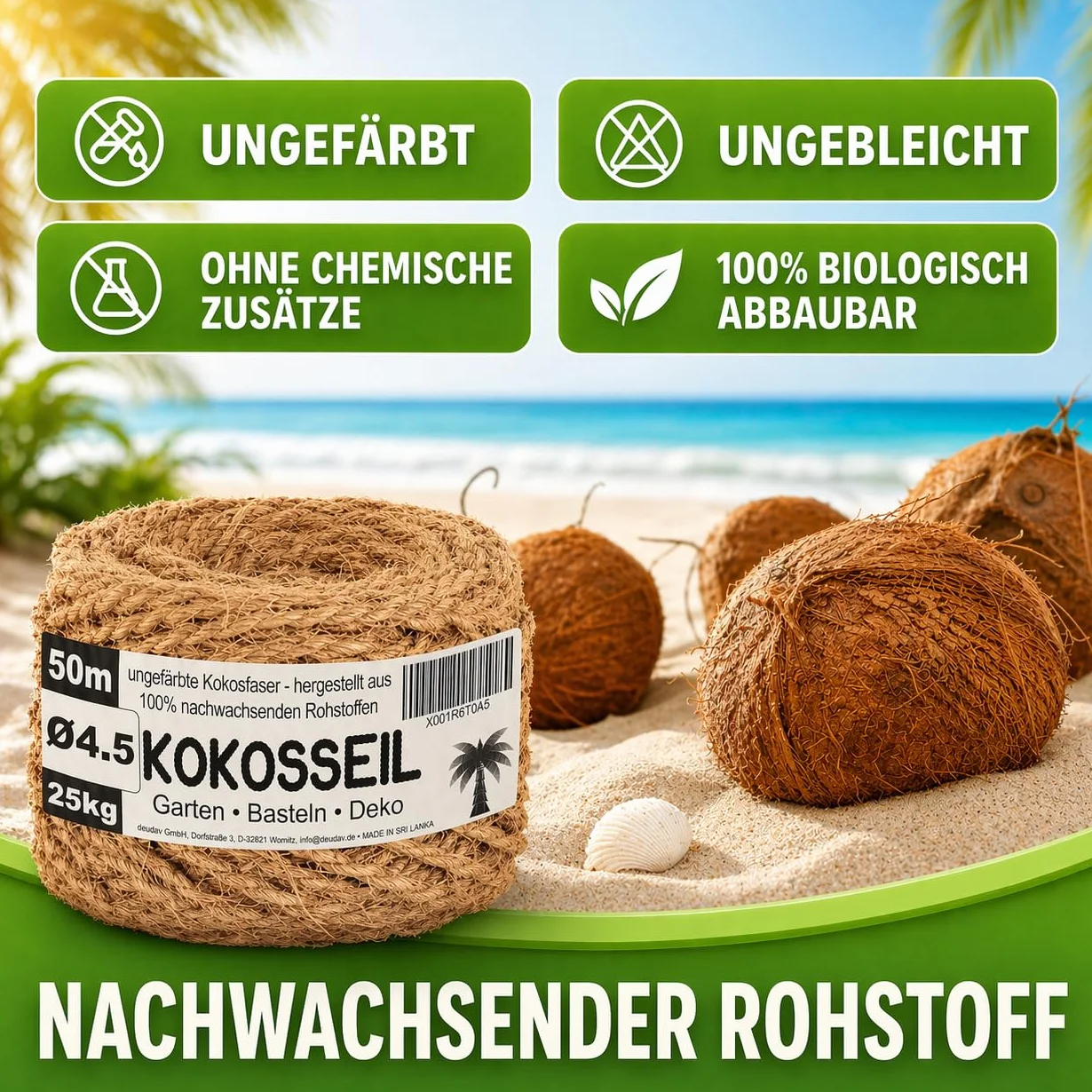 Corde en Fibre de Coco 4,5 mm x 50 m - Ficelle pour Jardinage, Bricolage et Décoration - Corde Arbre à Chat, Ficelle Jardin, Attache Tomate, Tuteur Arbre - Charge maxi : 25 kg