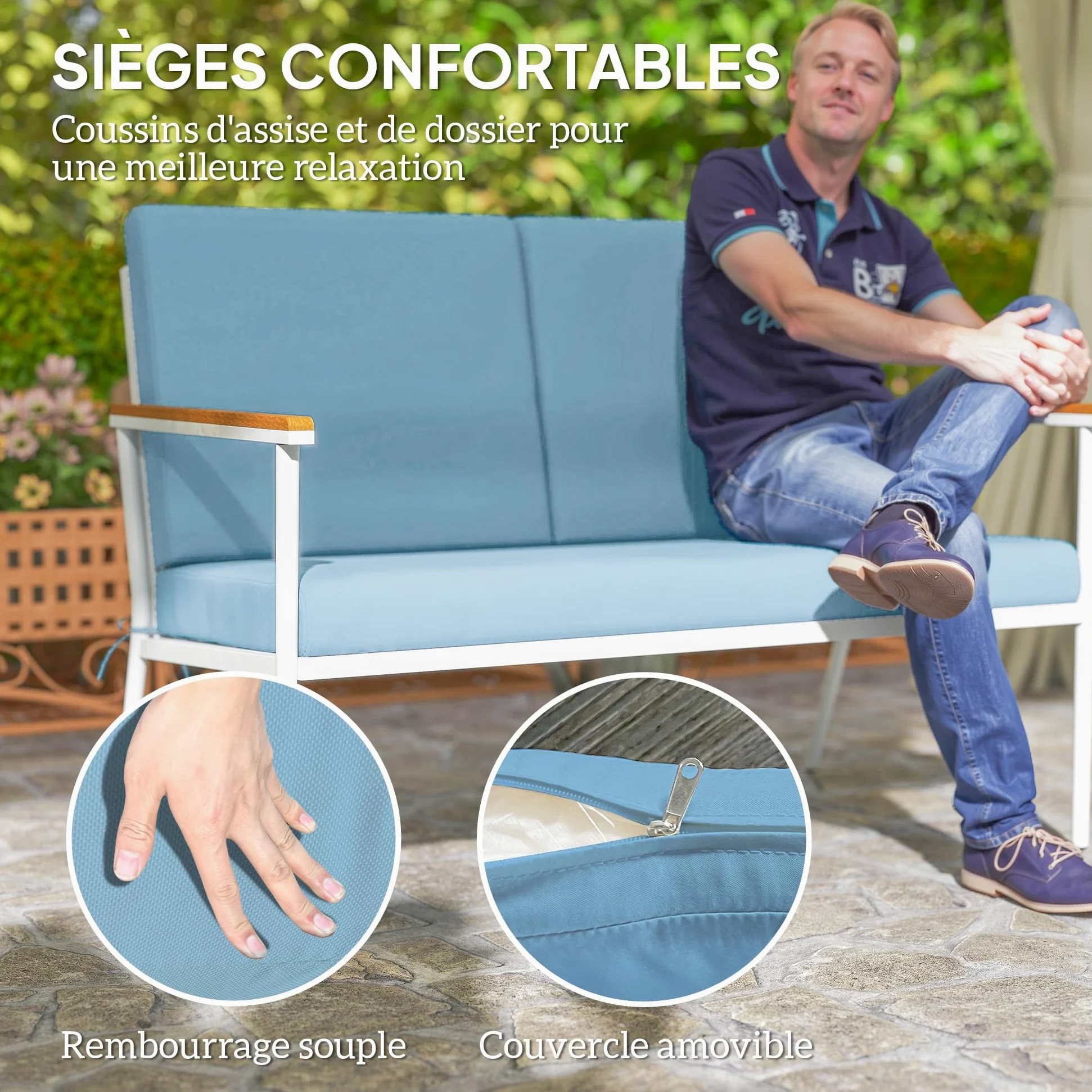Outsunny Salon de Jardin extérieur 4 Personnes, Salon de Balcon 5 pièces avec canapé, 2 fauteuils et 2 Tables Basses en Verre trempé, Coussins Inclus, mobilier de Jardin Patio terrasse, Bleu Clair