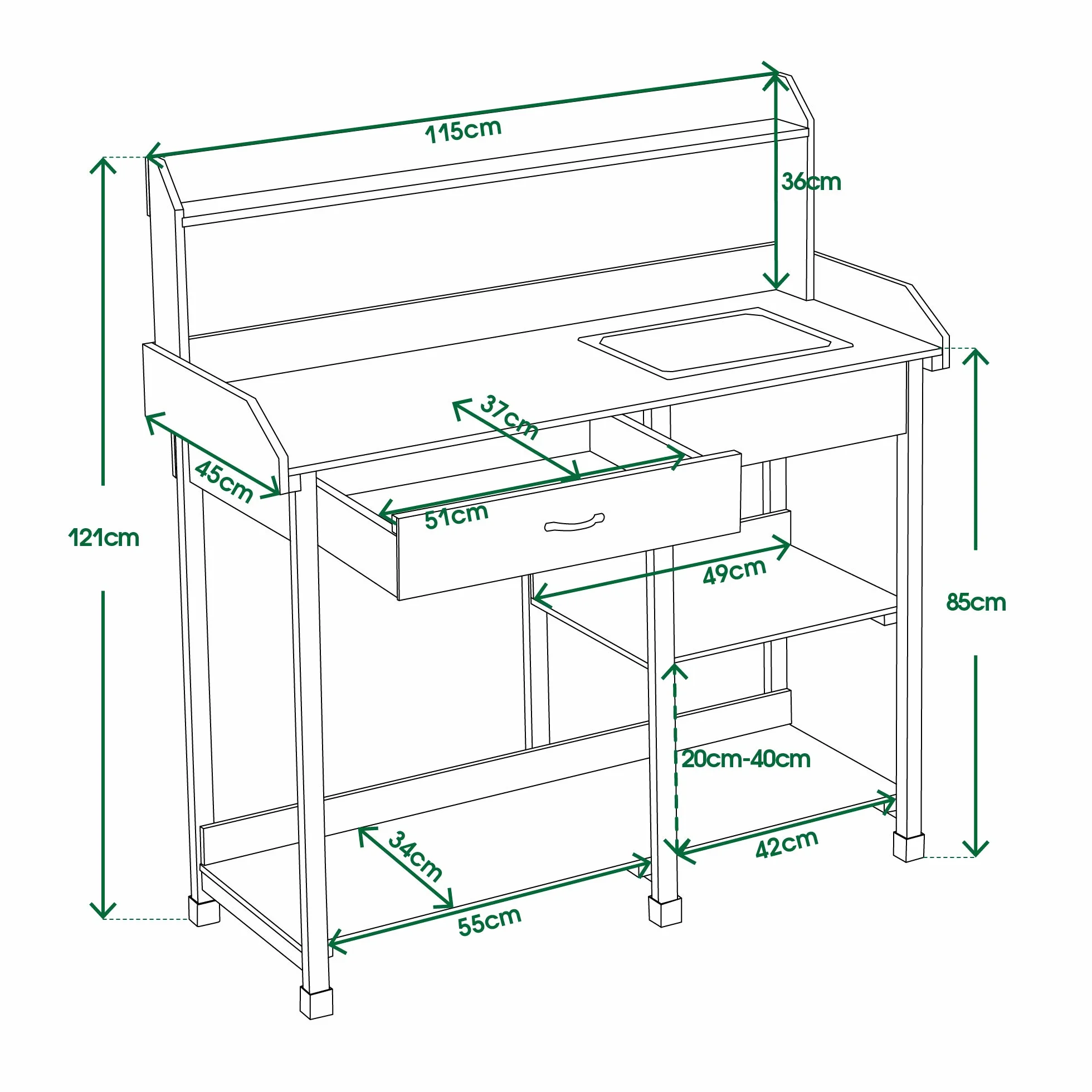 MCombo 0458 Table de Jardinage avec lavabo tiroir étagère Bois résistant intempéries 115x45x121 cm Naturel
