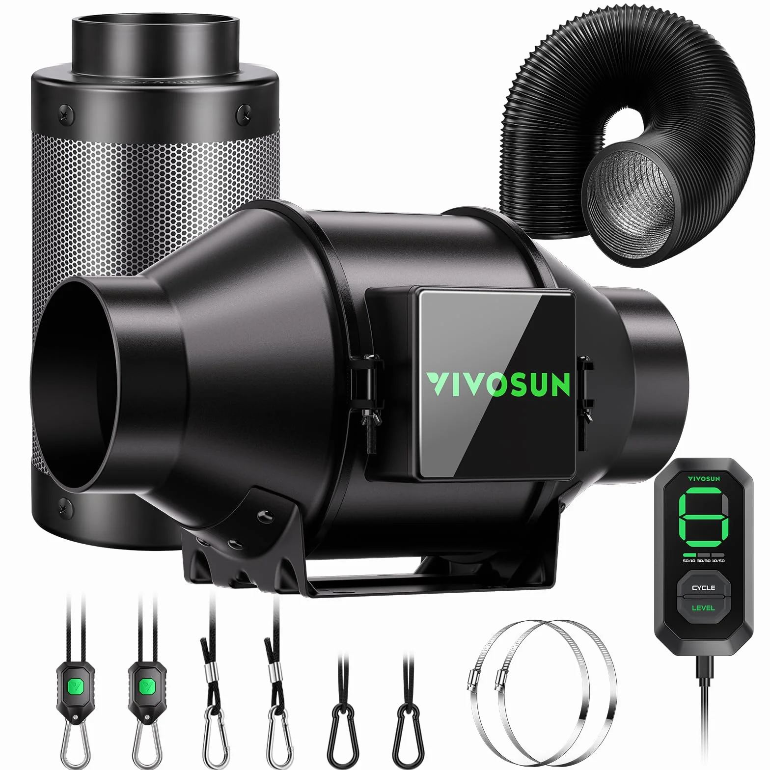 VIVOSUN AeroZesh G4 Kit de filtration d'air intelligent 10,2 cm ventilateur conduit en ligne contrôleur vitesse E12 filtre charbon conduit 2,4 m