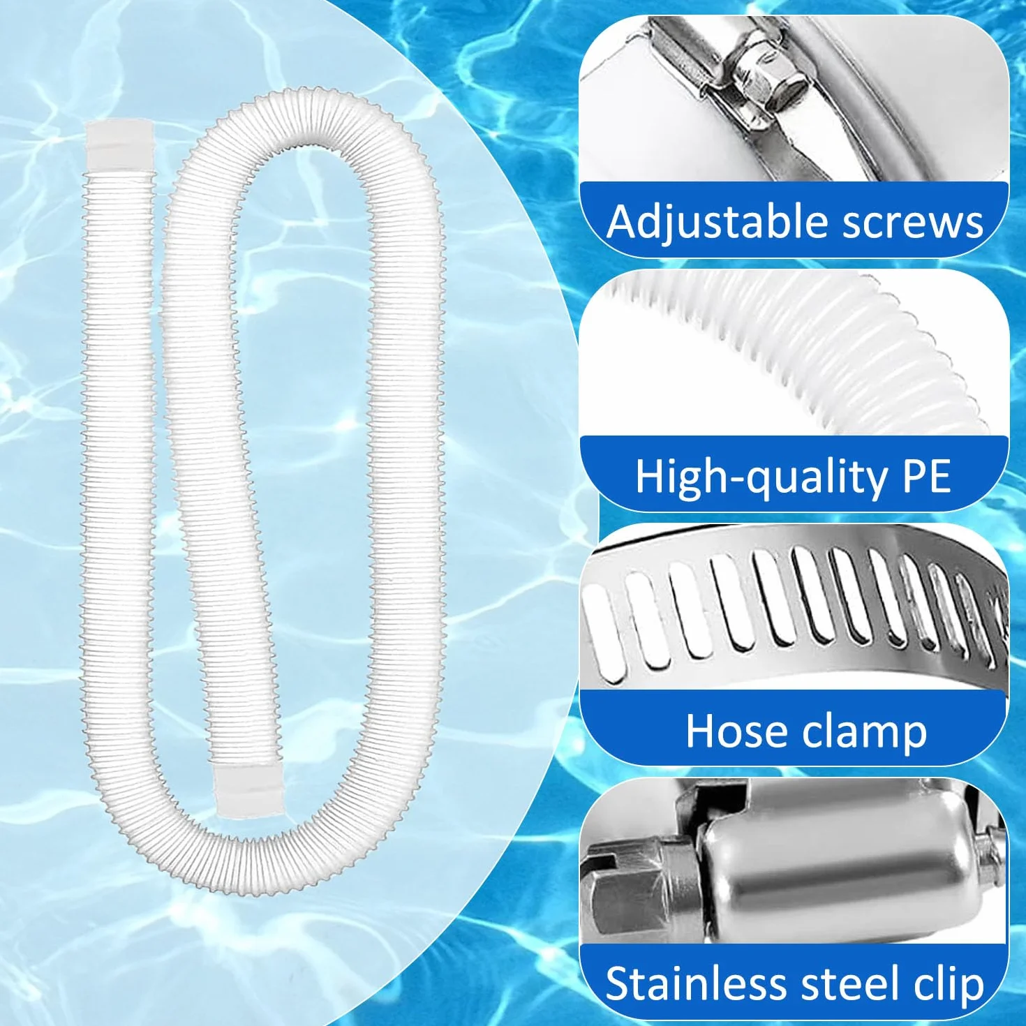 2 Pièces Tuyau Piscine 32mm,149,9cm Tuyau Piscine avec 4 Pinces Métalliques,pour Pompe à Filtre Eau Arrosage Bassin Piscine Hors Sol,pour Intex 530 GPH et 1000 GPH(Blanc)