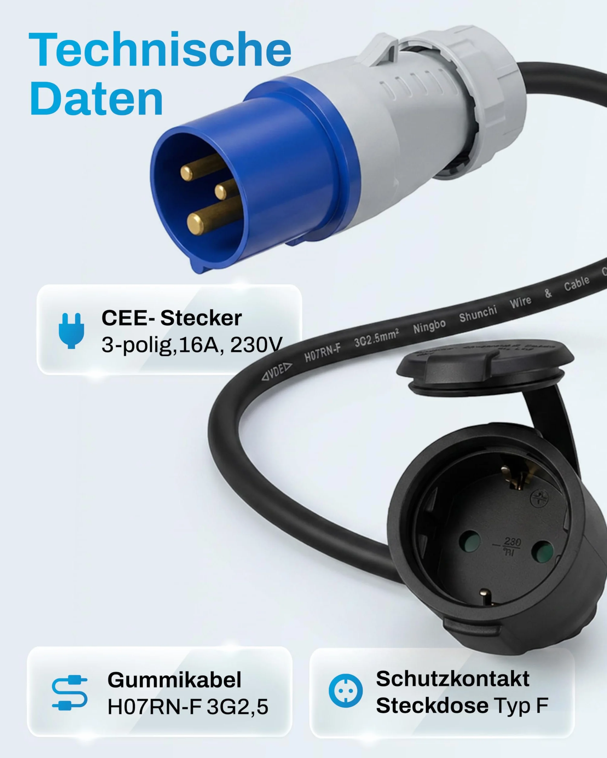 Adaptateur CEE mâle vers Prise Schuko Femelle 1,5m IP44 H07RN-F 3G2,5 230V 16A