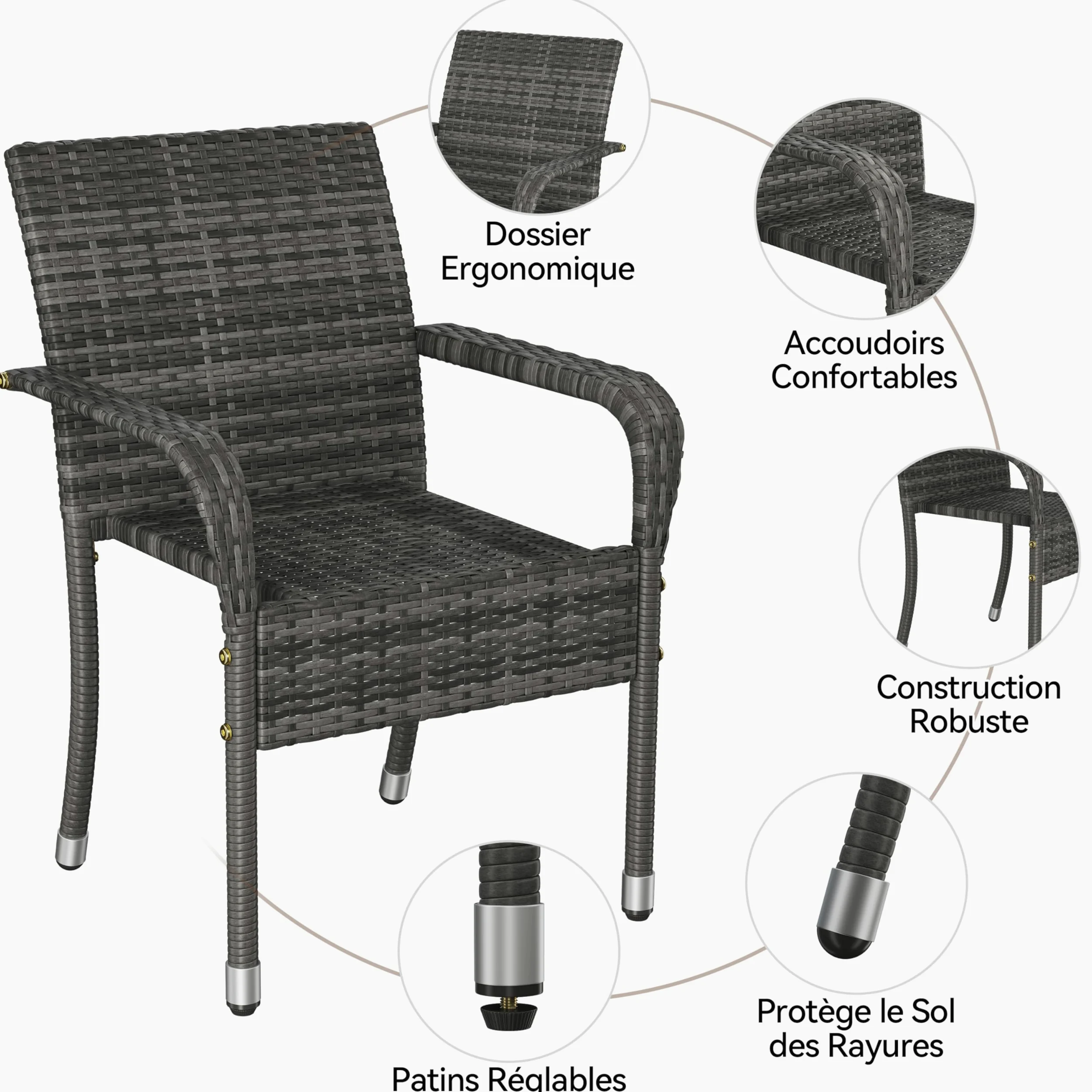 Abician Lot de 6 Chaises de Jardin en Rotin Synthétique Fauteuils Empilables d'Extérieur avec Accoudoirs Cadre en Métal Terrasse Véranda Balcon Salon Salle à Manger Gris