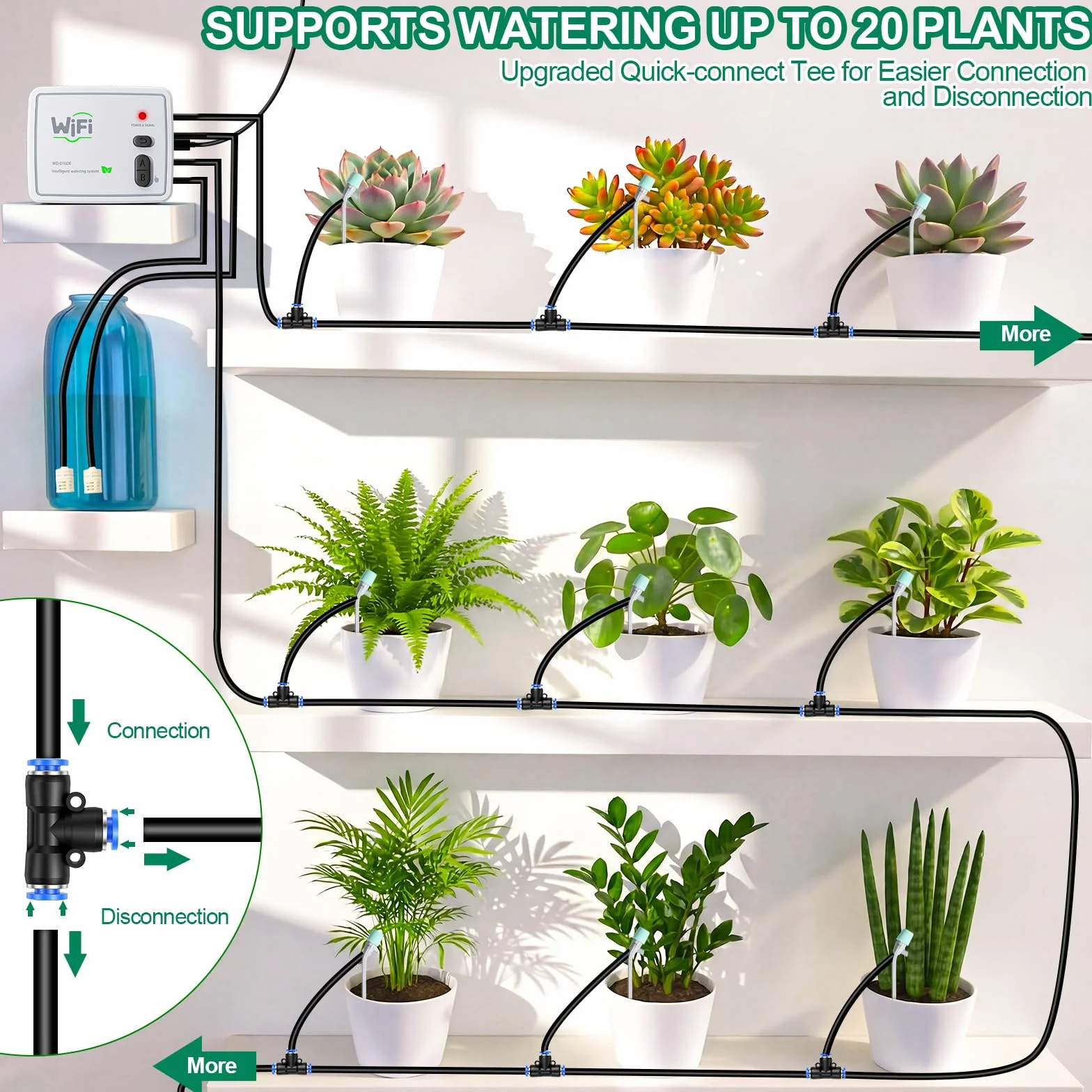 Système d'arrosage automatique double circuit Wi-Fi, kit irrigation goutte-à-goutte intérieur 20 plantes