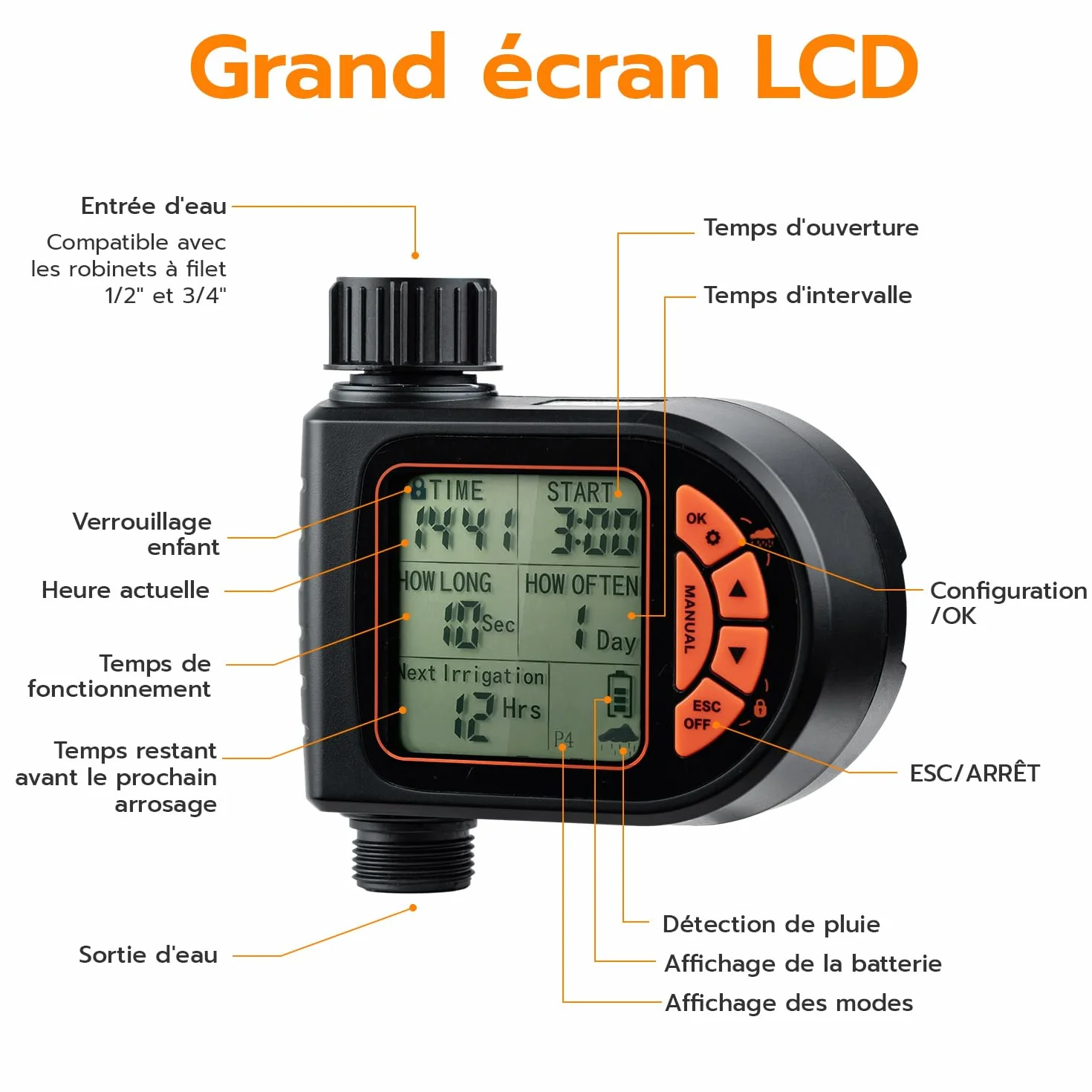 Mcbazel Programmateur Arrosage Automatique IP65 avec Grand Écran LCD Minuteur Jardin
