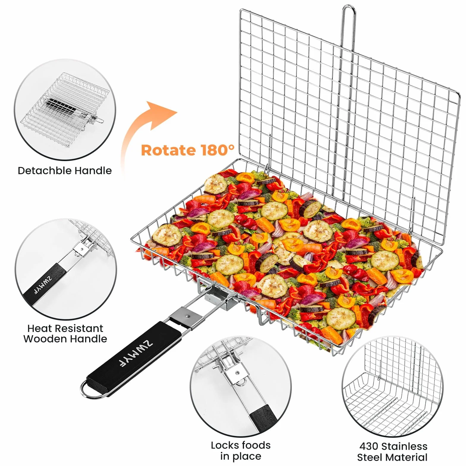 Panier de barbecue en acier inoxydable pliable et portable avec poignée amovible - Grille de cuisson anti-adhésif pour camping