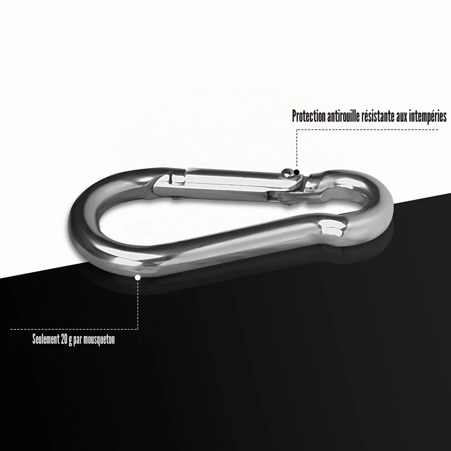 Mousquetons en Acier Inoxydable 304 Résistant Mousqueton INOX 50 mm x 5 mm avec Fermoir à cliquet