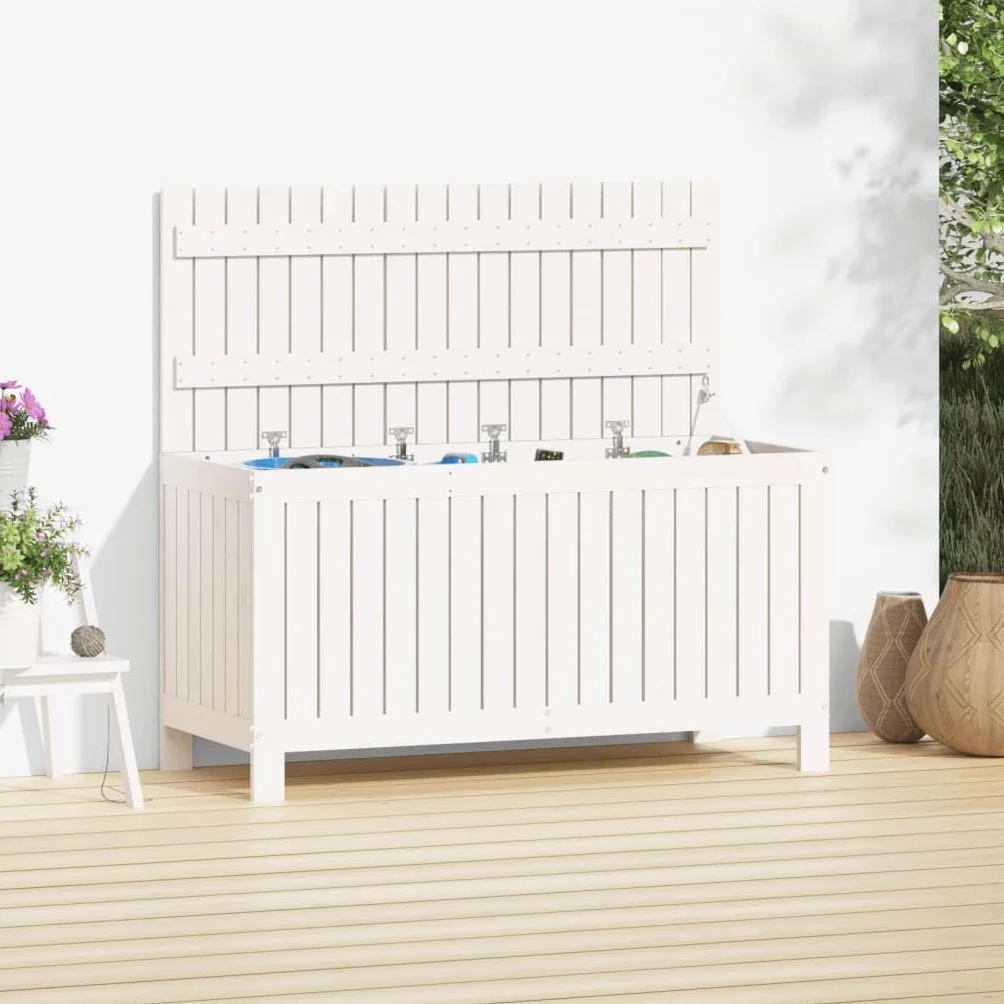 vidaXL Boîte de Rangement de Jardin, Coffre à Outils avec Couvercle, Bac de Rangement, Organisateur de Salon Chambre, Moderne, Blanc Bois de Pin Massif