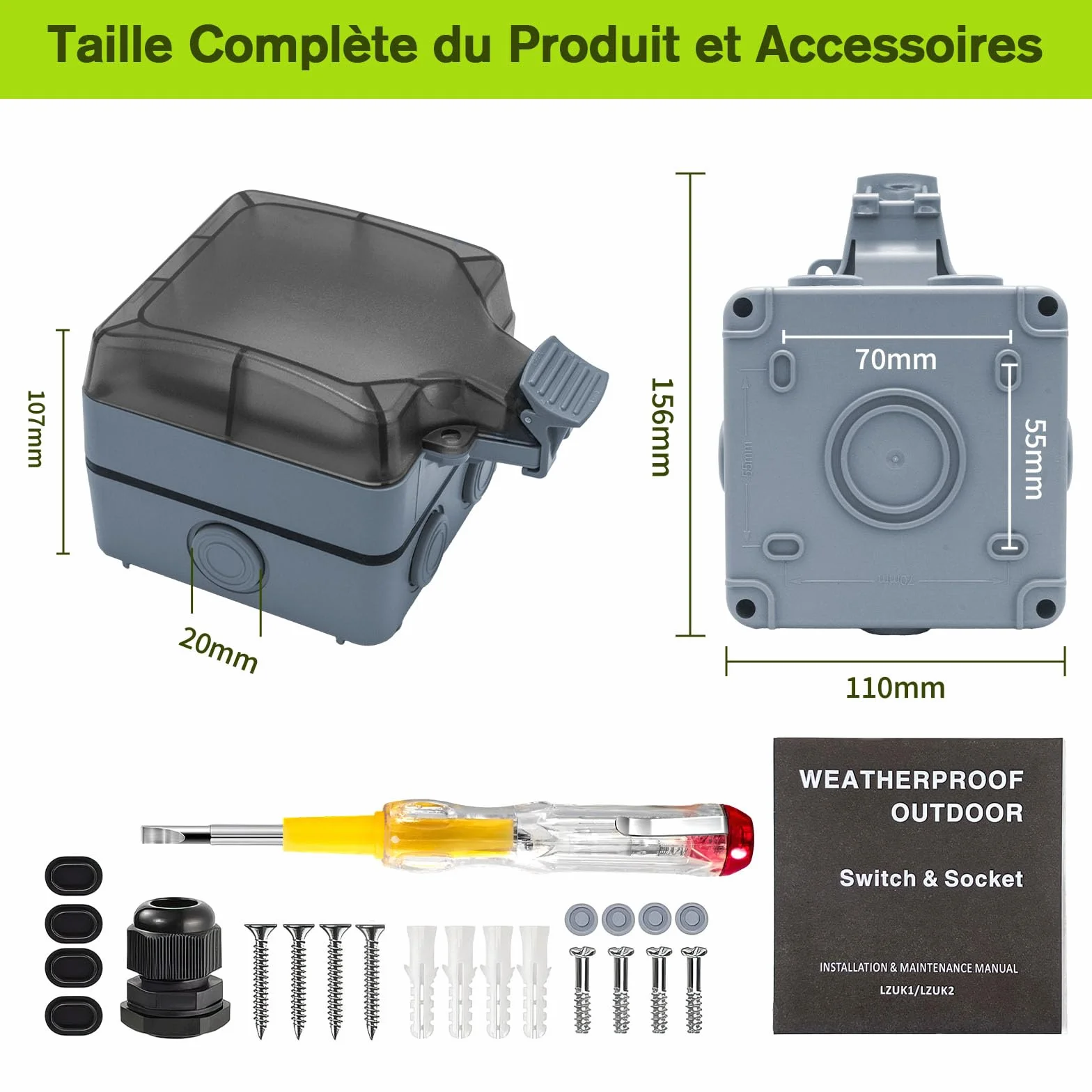 Prise Extérieure Étanche IP66 avec Interrupteur LED, Fixation Murale Gris