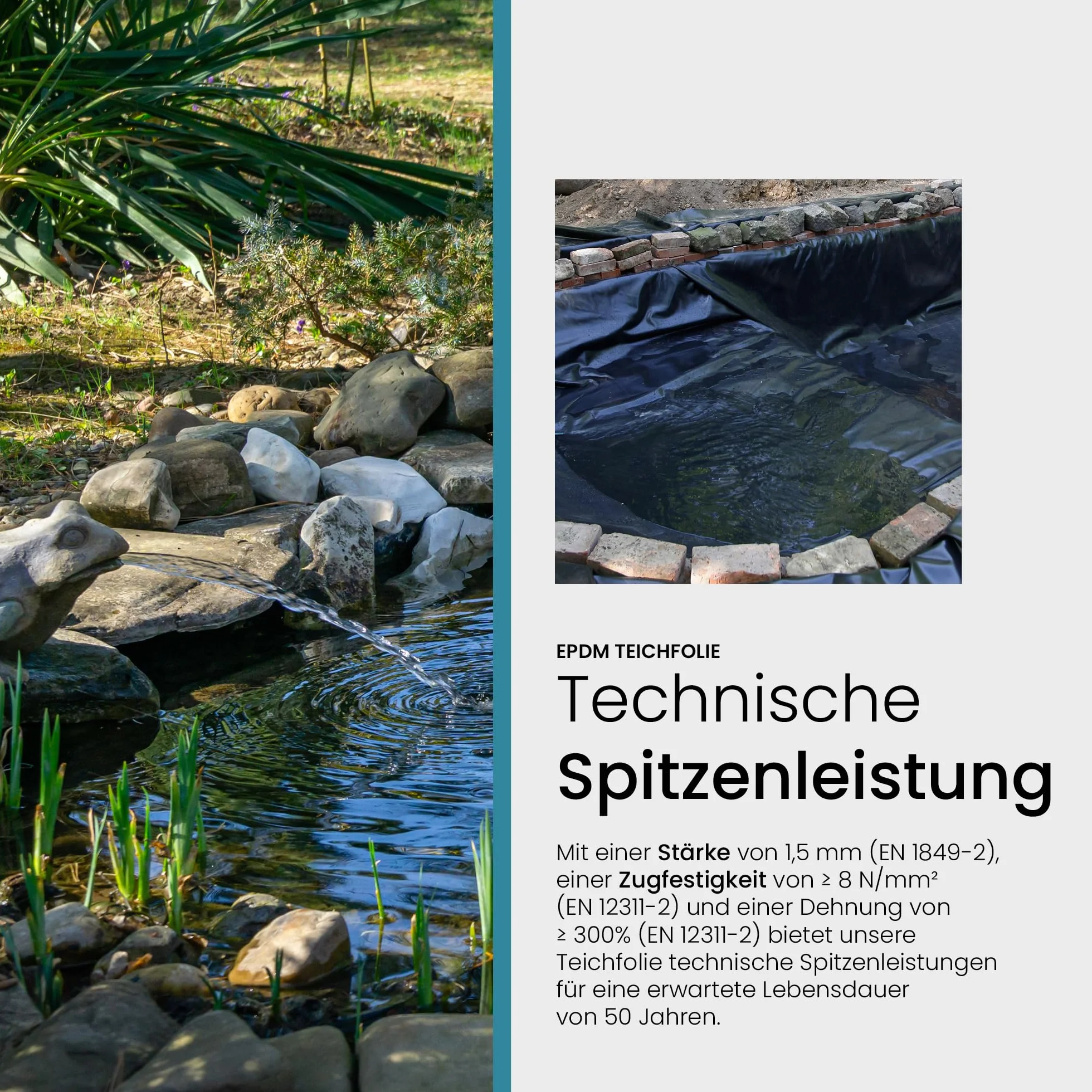 Bâche EPDM premium pour bassin 4,57 m x 6 m épaisseur 1,5 mm noire durable