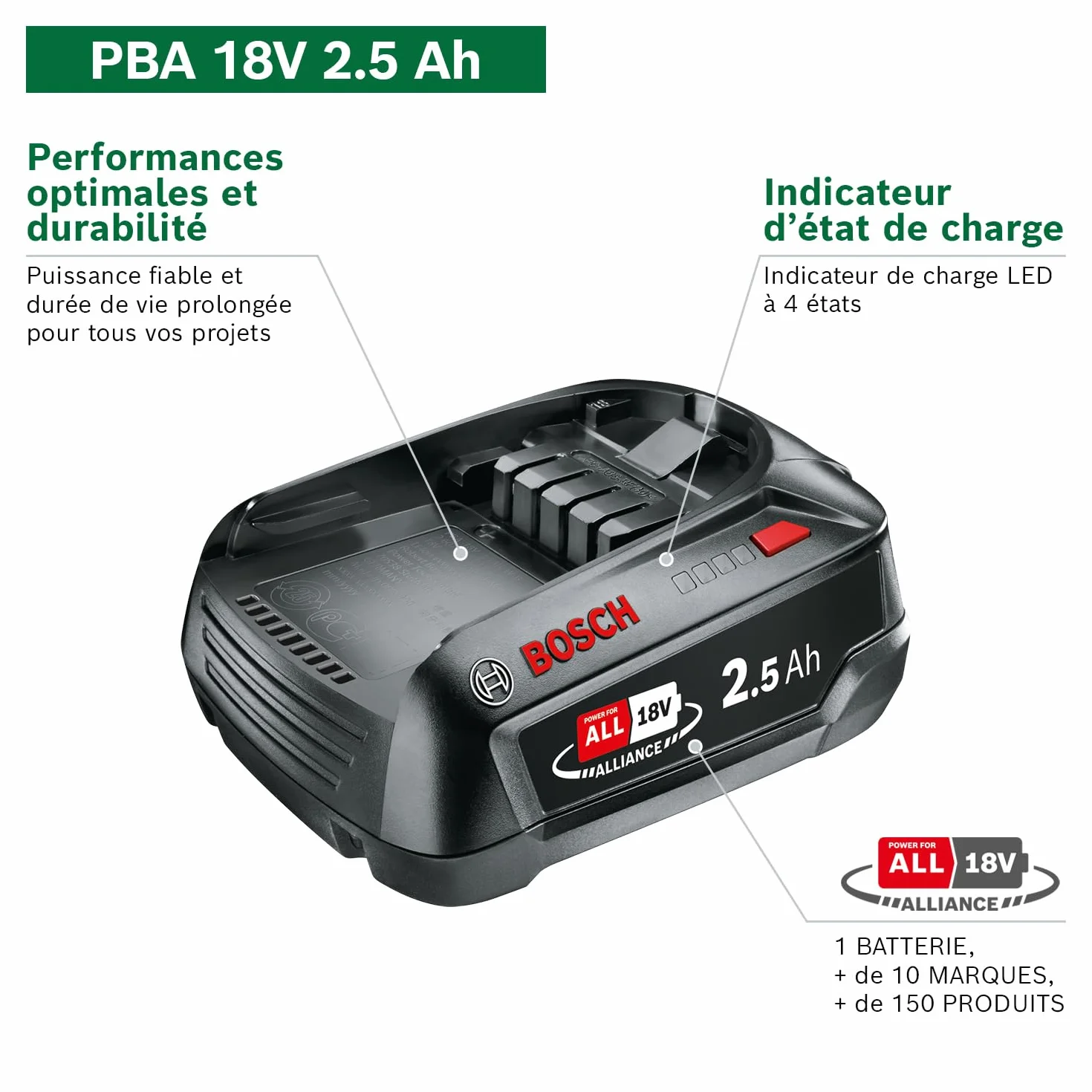 Bosch Batterie de Rechange 18 Volts 2,5 Ah Compatible Home & Garden