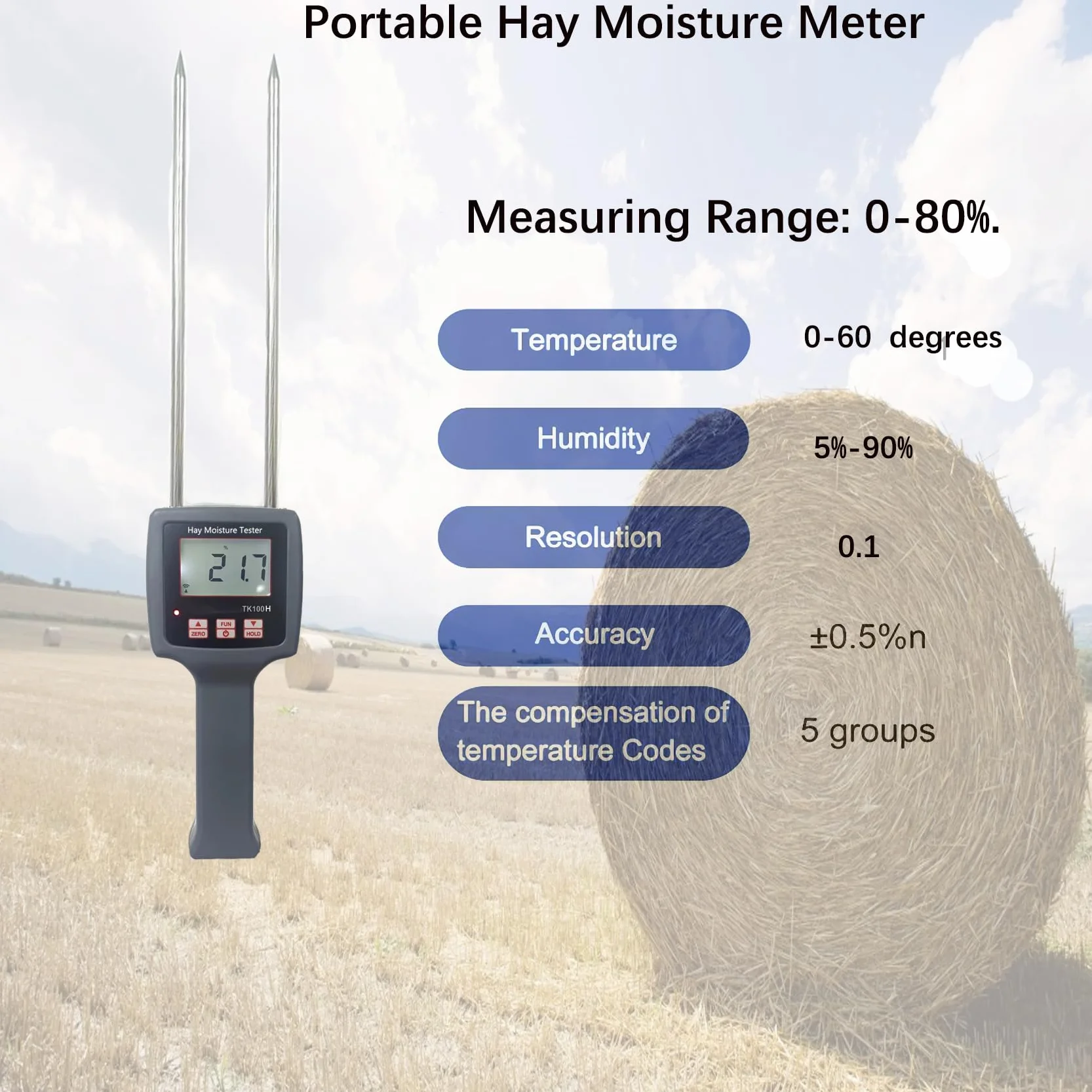 TK100 Humidimètre portable pour foin avec longue sonde