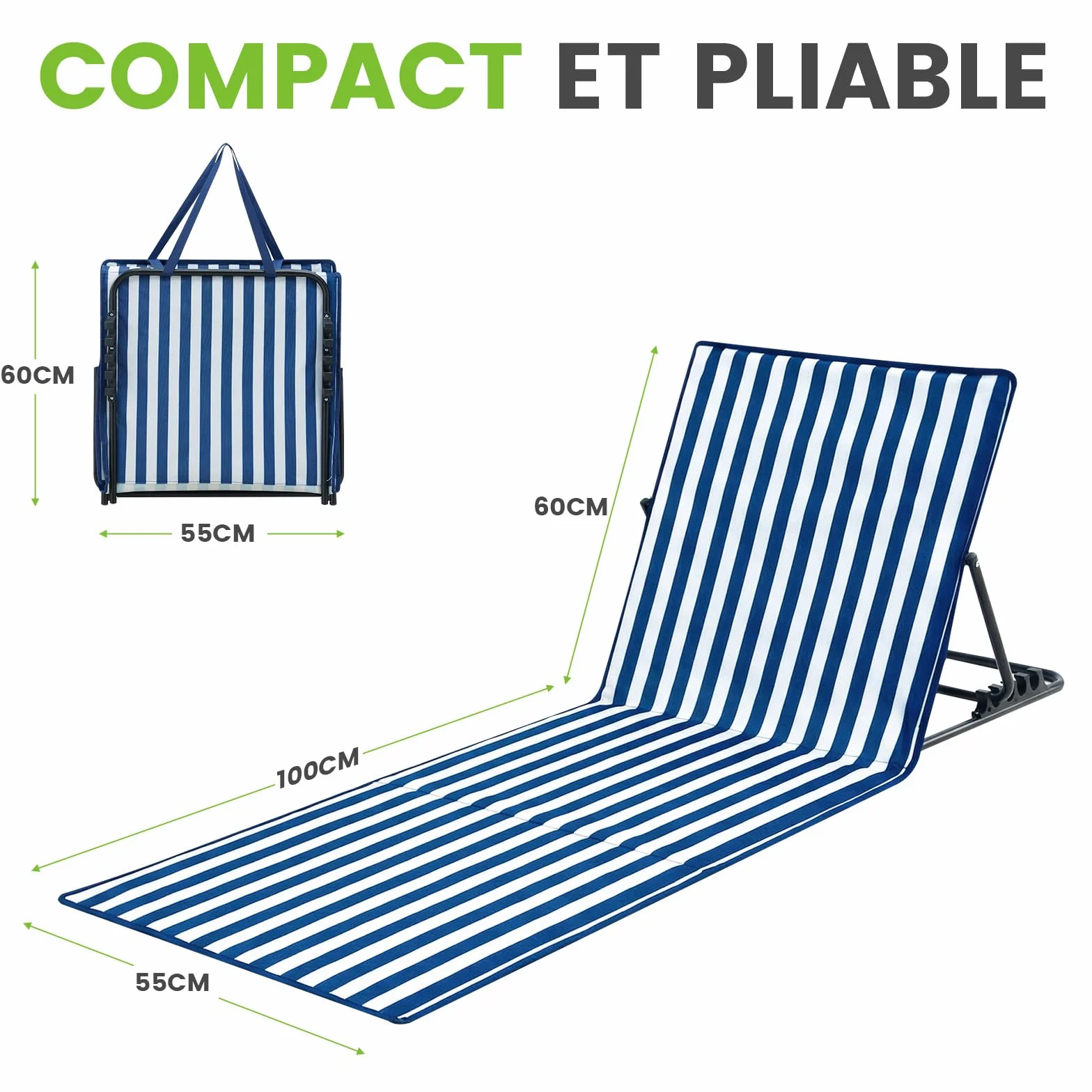 Palawano 2PCS Bain de Soleil Réglable 5 Positions, Matelas de Plage Pliante et Légère Bleu Blanc