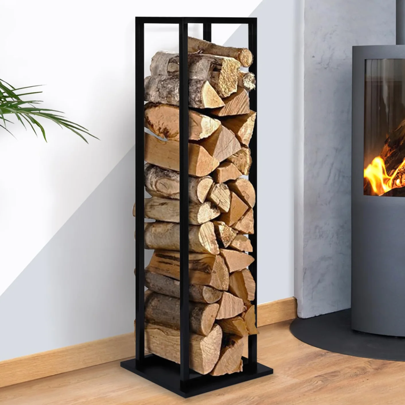 IDMarket - Range bûches Vertical Acier Noir avec étagère H.112 CM pour cheminée