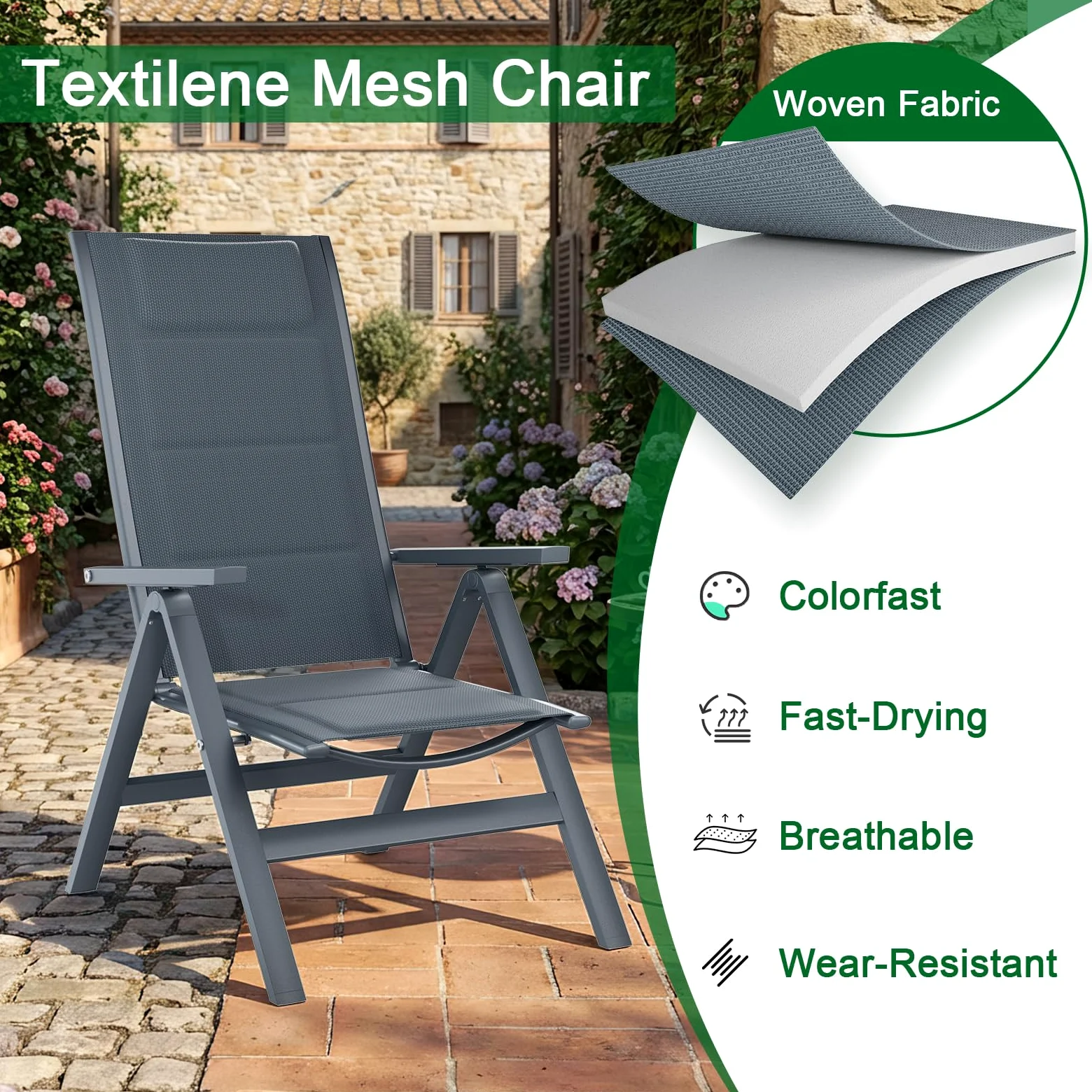 JUMMICO Fauteuil de Jardin Extérieur en Aluminium｜7 Positions Réglables, Dossier Haut｜Design Pliant et Portable｜Idéal pour Balcon, Jardin, Terrasse et Espaces Extérieurs｜Lot de 2