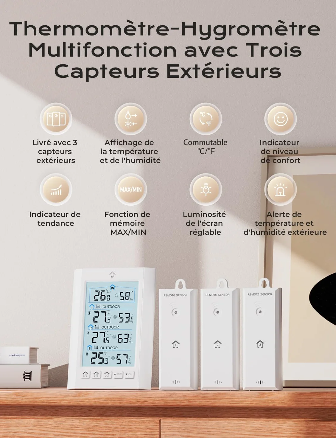 Station Meteo Interieur Exterieur Sans Fil LIORQUE Thermometre Hygrometre avec 3 capteurs LCD Portee Transmission 100m