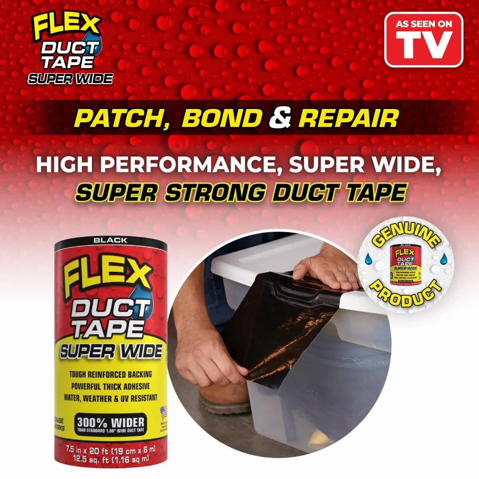Flex Ruban adhésif super large 2,1 cm x 6,1 m noir résistant à l'eau aux intempéries et aux UV déchirable sans résidu