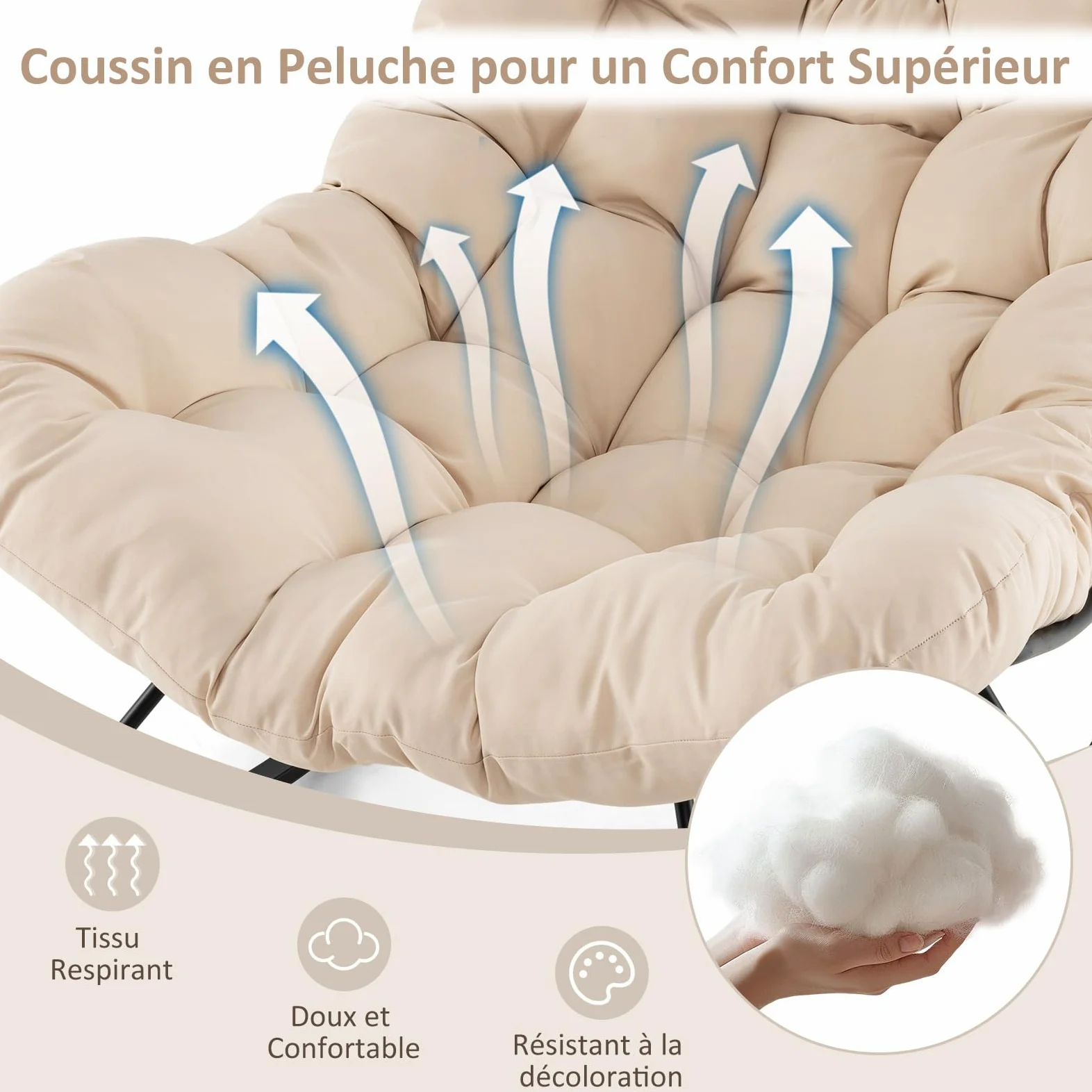RELAX4LIFE Fauteuil à Bascule de Jardin, Chaise Papasan avec Coussin et Cadre en Métal pour Intérieur et Extérieur, Charge 205KG pour Chambre Salon Porche Jardin Terrasse (Beige)