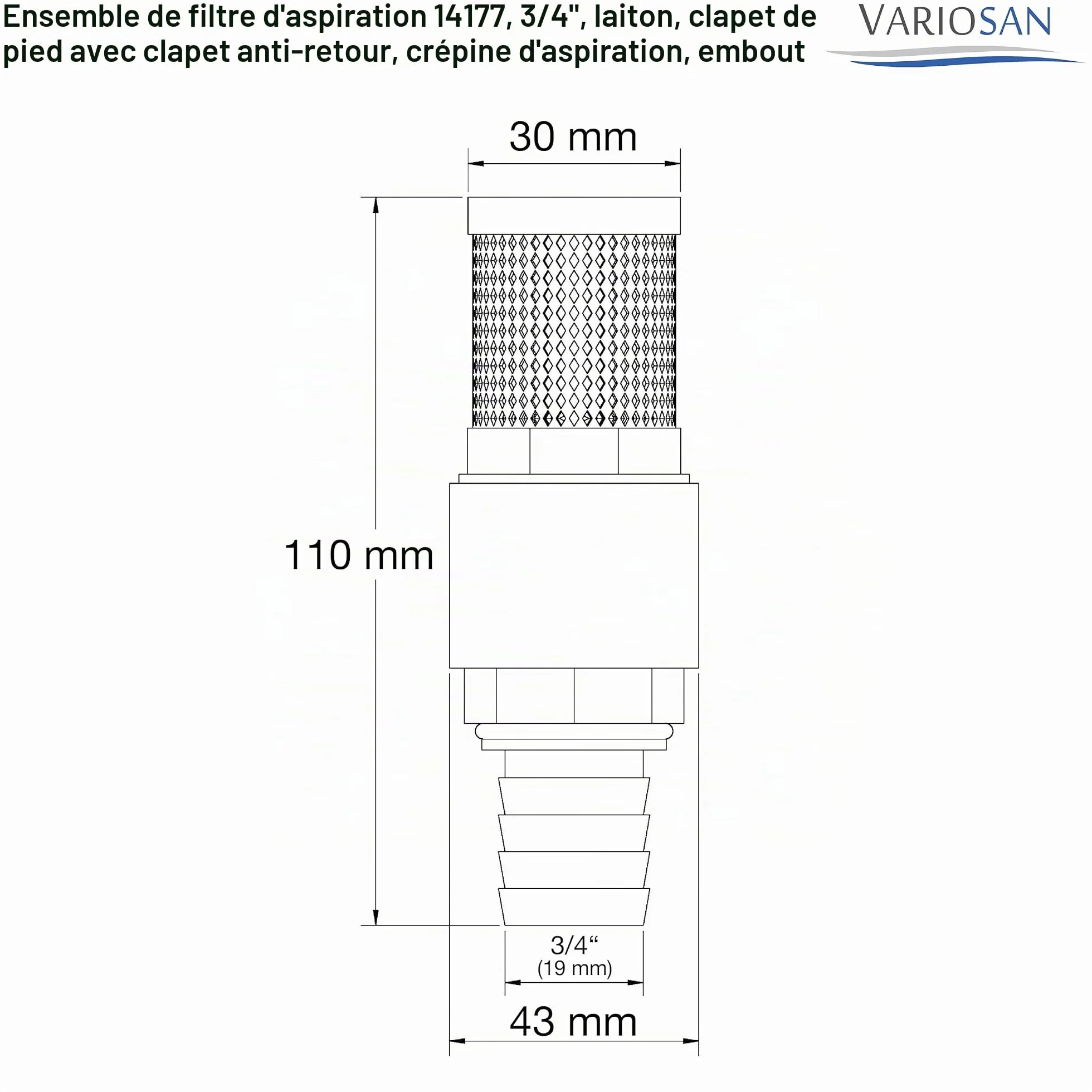 VARIOSAN Kit de filtre d'aspiration 14177, 3/4", Messing, clapet anti-retour