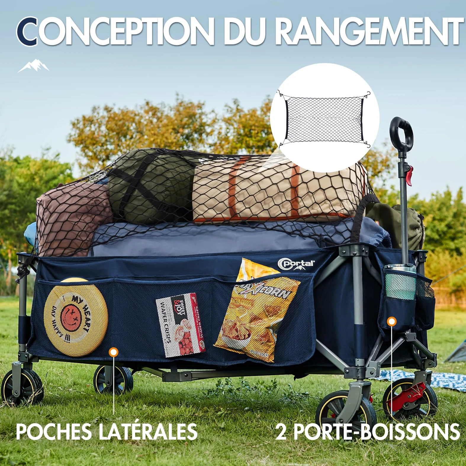 PORTAL Chariot de Plage Pliable, 400L 160KG Plage très Long Chariot à roulettes avec Filets Anti-Chute Frein Tout Terrain Poignée Réglable Charrette pour Extérieur Camping Pique-Nique