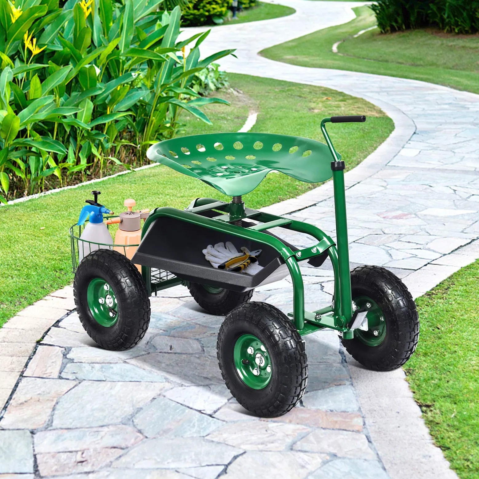 GOPLUS Siège de Jardin Roulant avec 2 Plateau à Outils, Poignée Directe, Panier de Rangement, Siège Réglable, 4 Roues en Caoutchouc, Tabouret de Jardin Roulant pour Jardinage, Vert