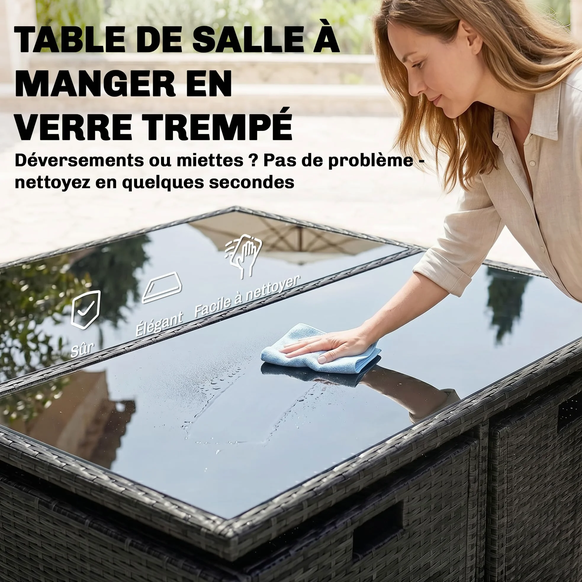 Outsunny Ensemble Salon de Jardin encastrable 8 Personnes 9 pièces résine tressée 4 Fils Imitation rotin Noir Coussins déhoussables crème
