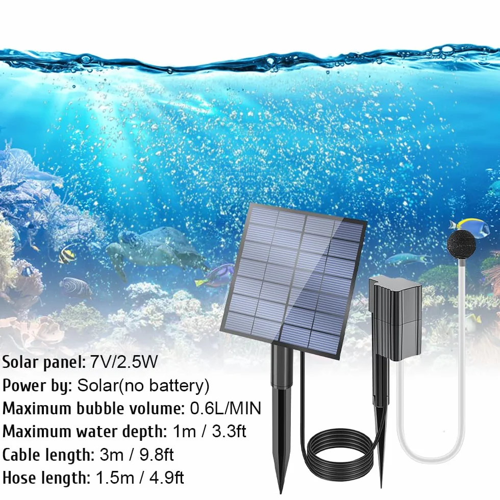 Aérateur solaire de bassin 2,5 W/7 V - Oxygénateur de 0,6 l/min - Pompe solaire pour étang avec 1 pierre à bulles et piquet - Pour jardin, bassin hydroponique