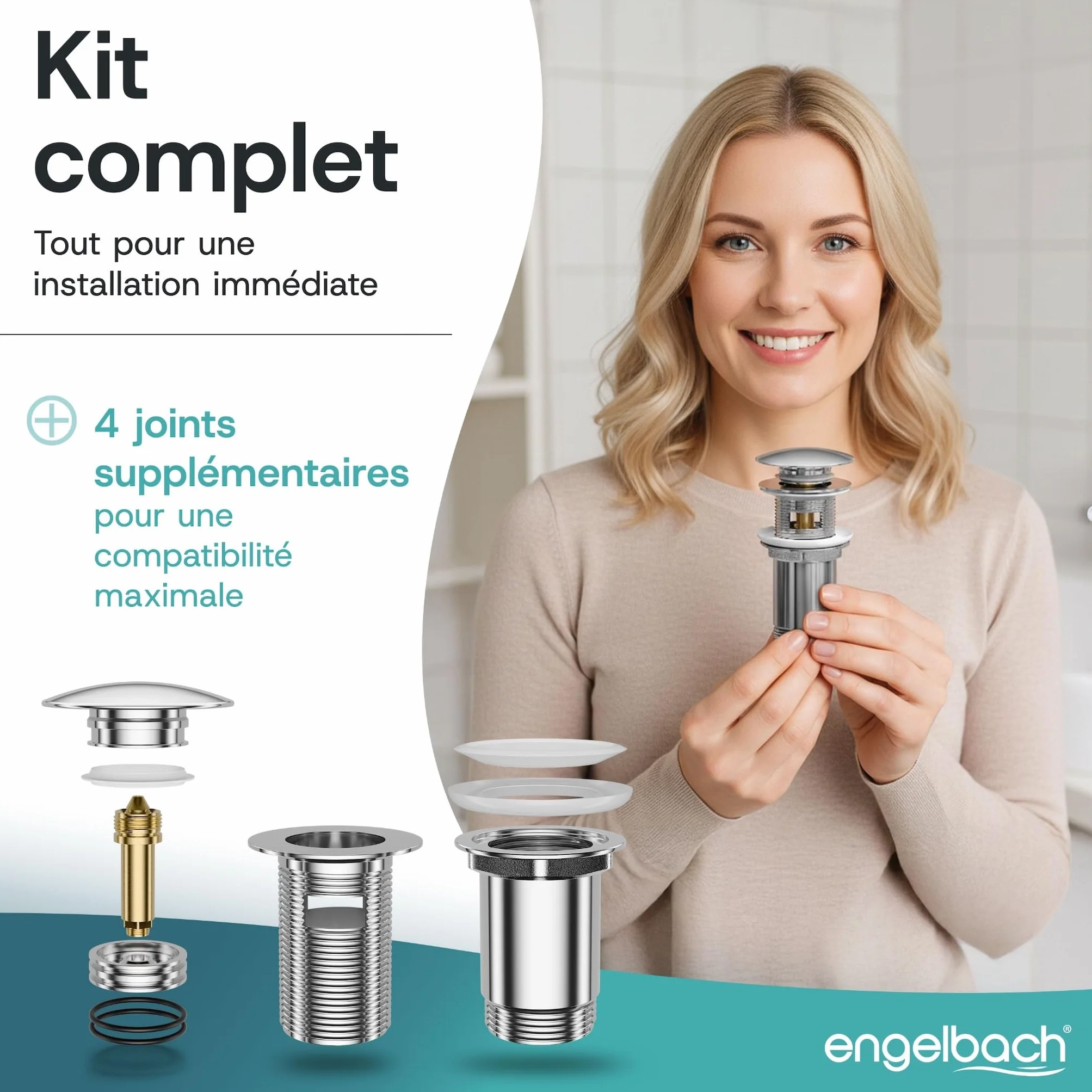 Engelbach Bonde de lavabo avec trop-plein Bouchon clic-clac 3 Joints Inclus Modèle Universel
