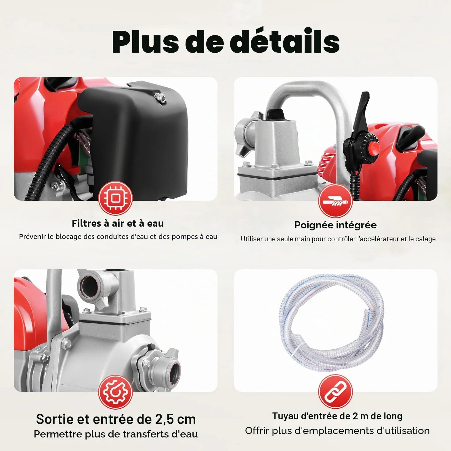 Pompe à eau essence 1,7 CV 1 pouce moteur 2 temps base métal hauteur extraction 30 m