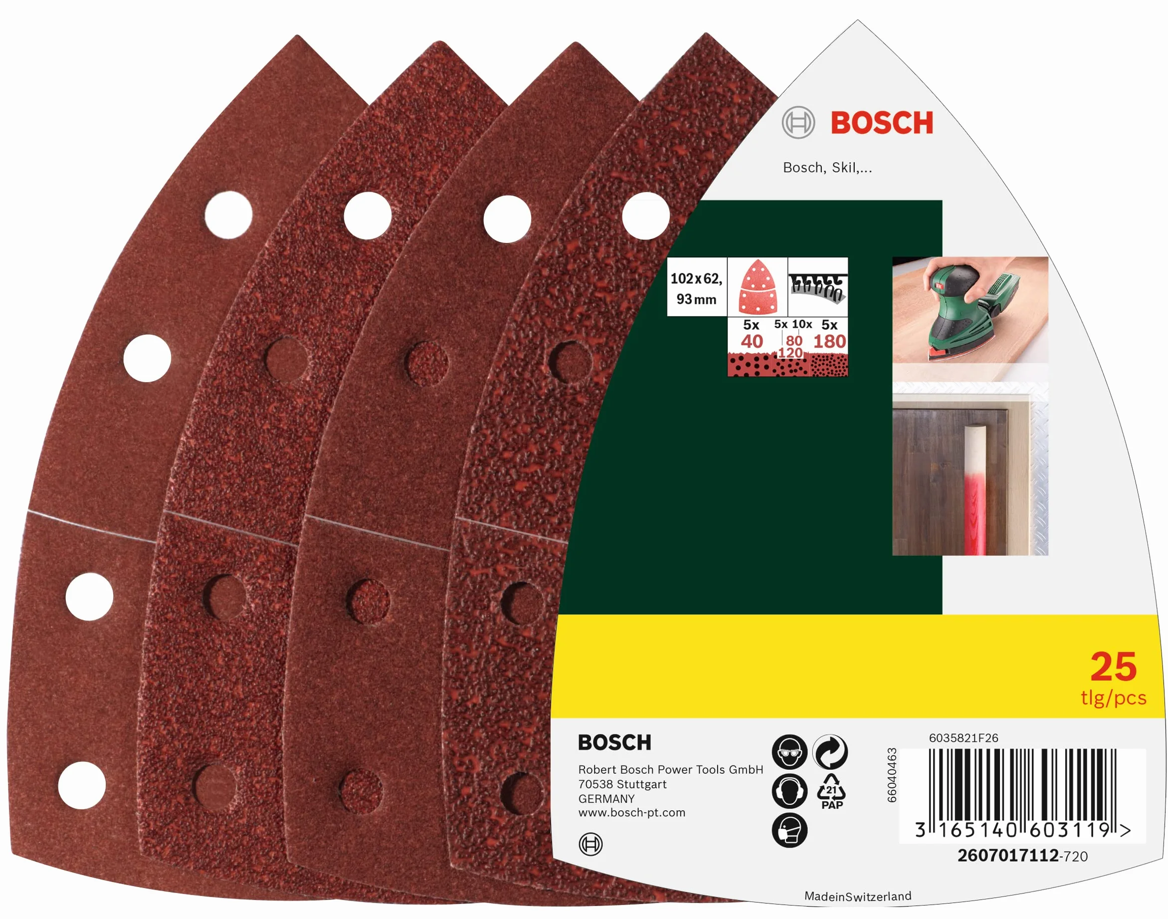 Bosch Professional Disques Abrasifs Mixtes Papier Grain 40/80/120/180 102 x 62 mm 11 Trous Accessoires Ponceuses Multi