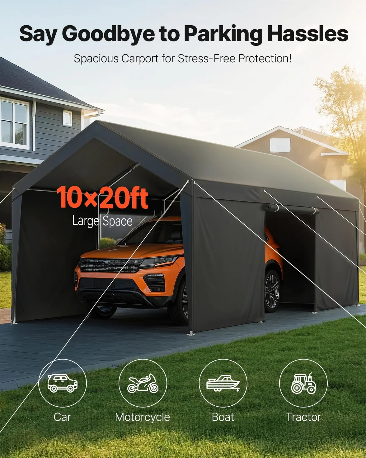 VEVOR Tente Garage, 3,05 x 6,09 m, Carport Abri de Voiture Extérieur avec Parois Latérales Amovibles et Portes, Résistant aux UV et à l'eau, Protection Toutes Saisons pour Automobile et Bateau, Gris