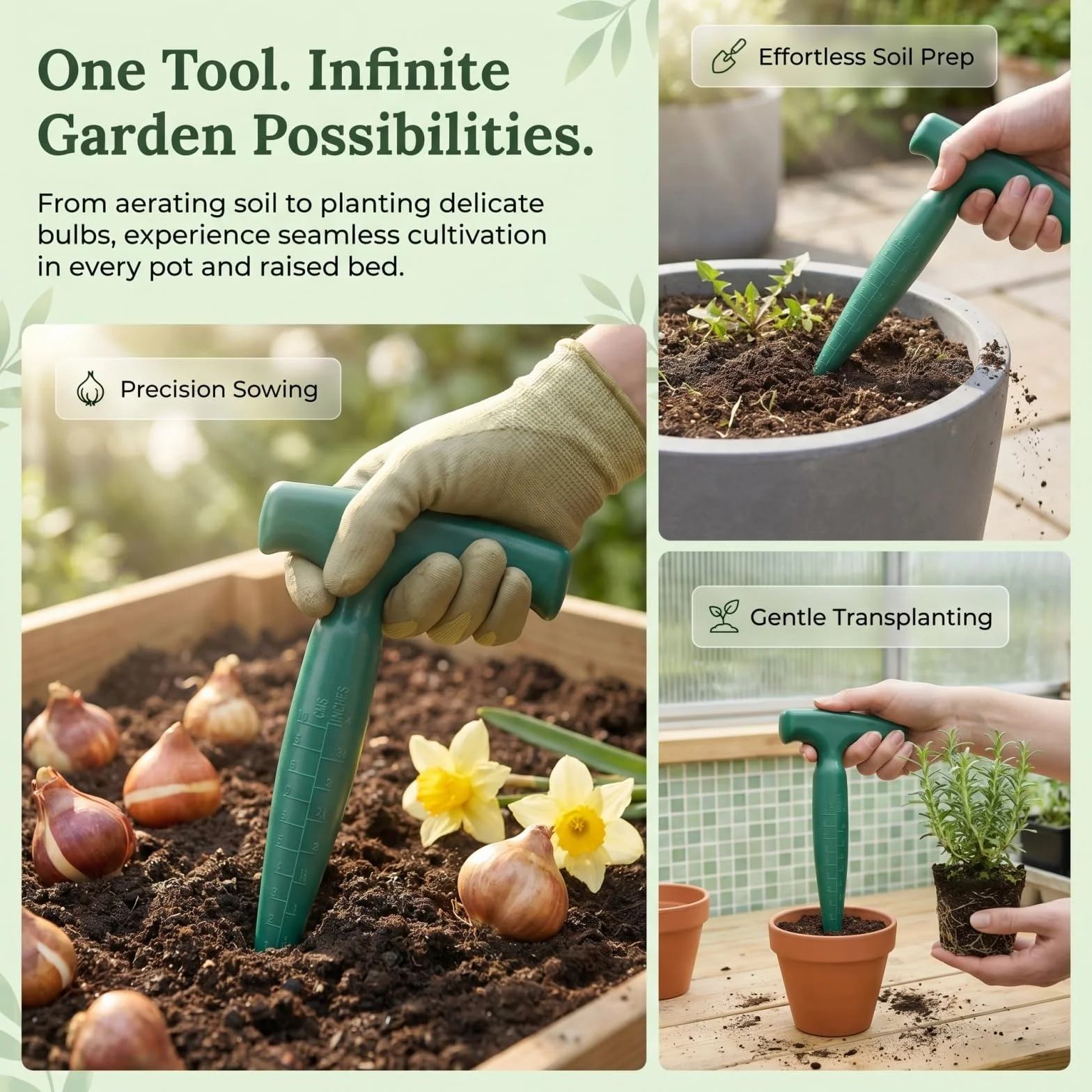 Plantoir à Bulbes avec Poignée en T Ergonomique, Plantoir Jardinage Manuel avec Mesure de Profondeur, Outil de Jardinage pour Bulbes, Semis, Fleurs & Légumes, Outil à Bulbes