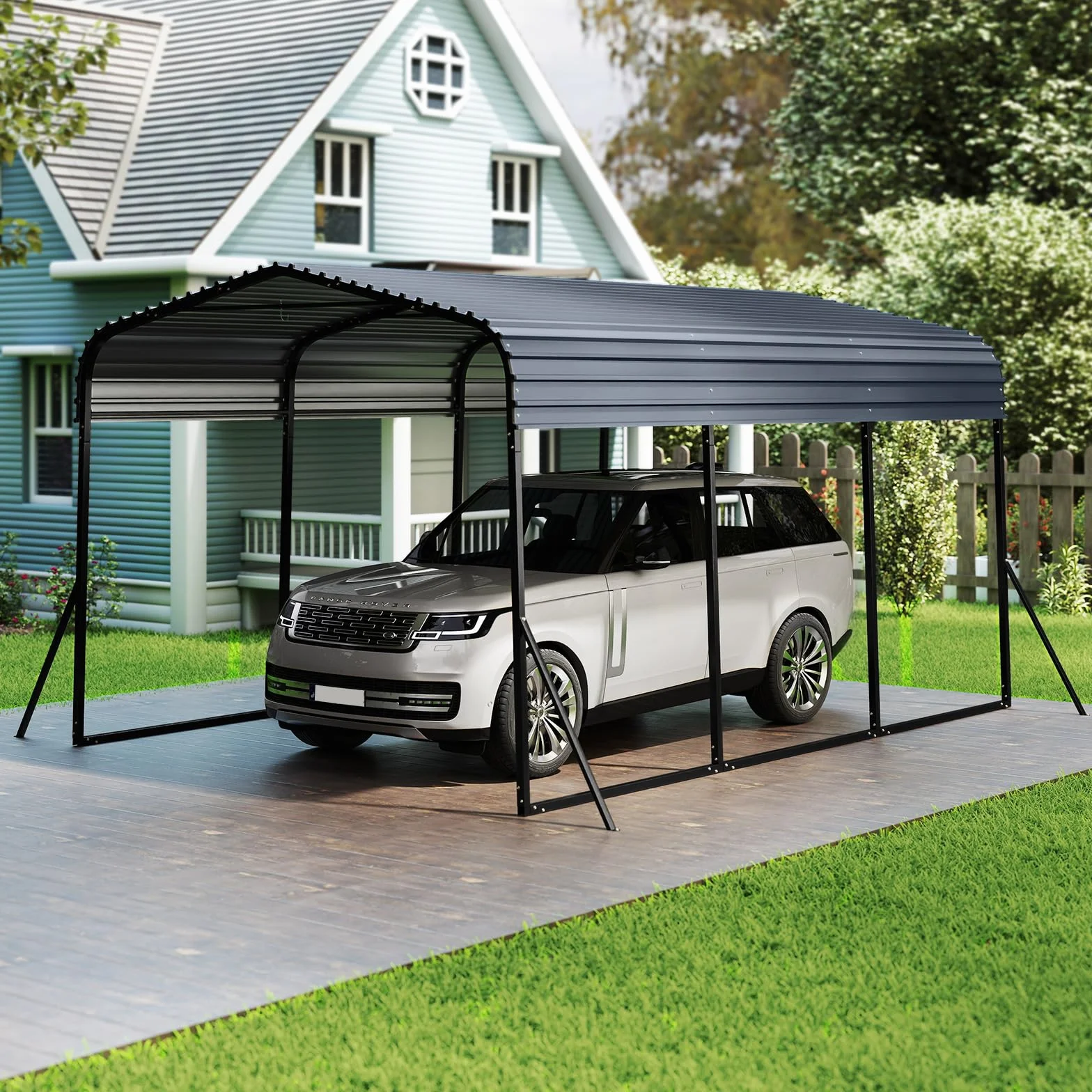 GOPLUS Grand Abri de Voiture en Métal, 440 x 300 x 250 cm, Toit Rigide, 4 Pieds Inclinés et Ancrages Extérieurs, Tente Carpot pour Voiture pour Camions, Tracteurs, SUV