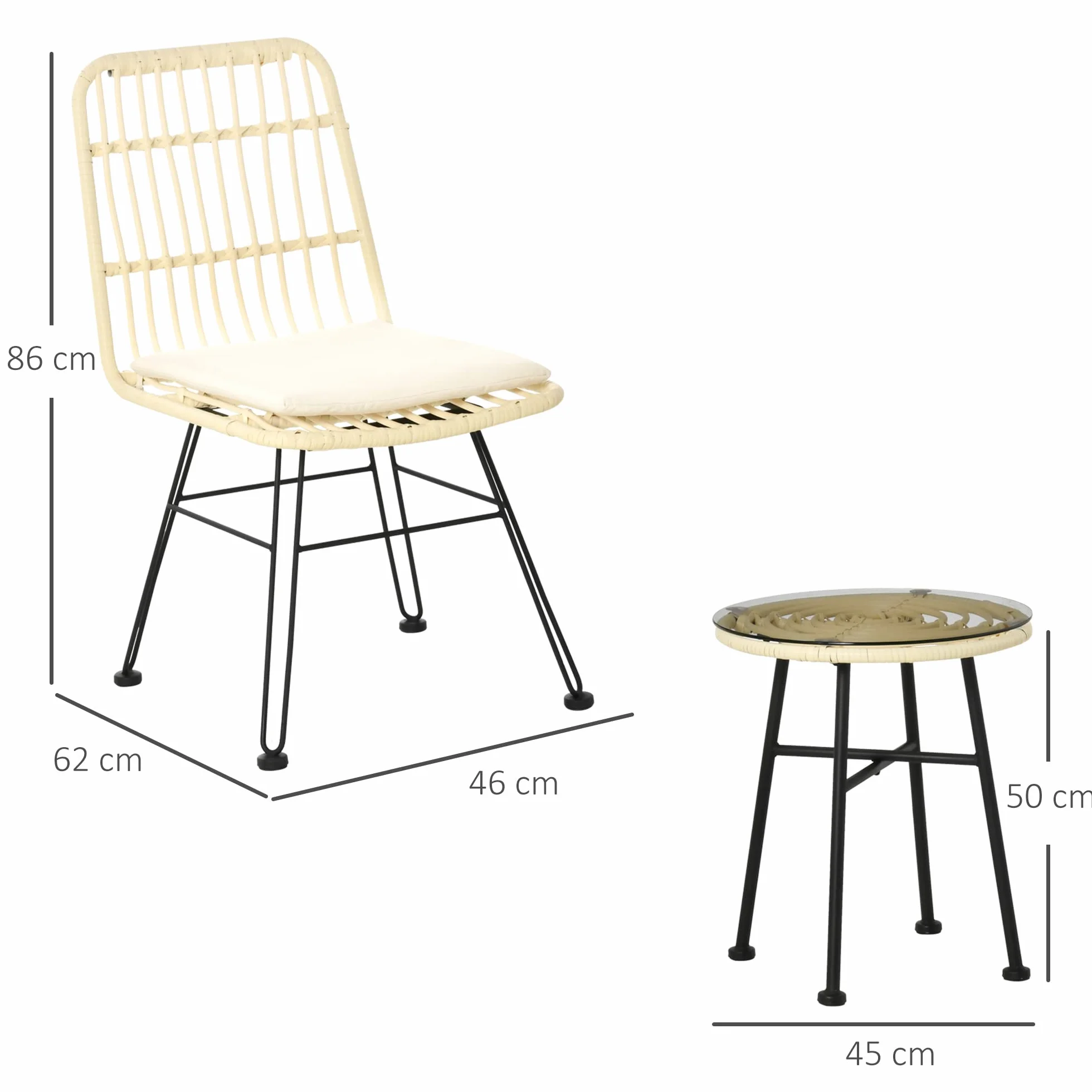 Outsunny Ensemble Bistro Jardin 3 pièces Table Basse Ronde Verre trempé 2 chaises Coussins zippés déhoussables Polyester résine tressée PE métal galvanisé Ø 45 x 50 cm crème