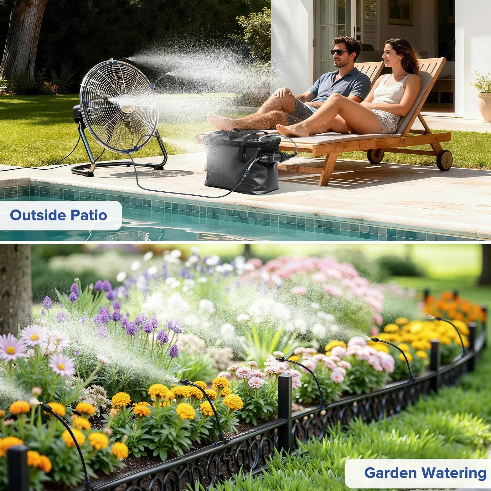 Brumisateur portable 7,9 m terrasse extérieure – Système brumisation avec pompe 4500 mAh, seau 20 L, 8 buses