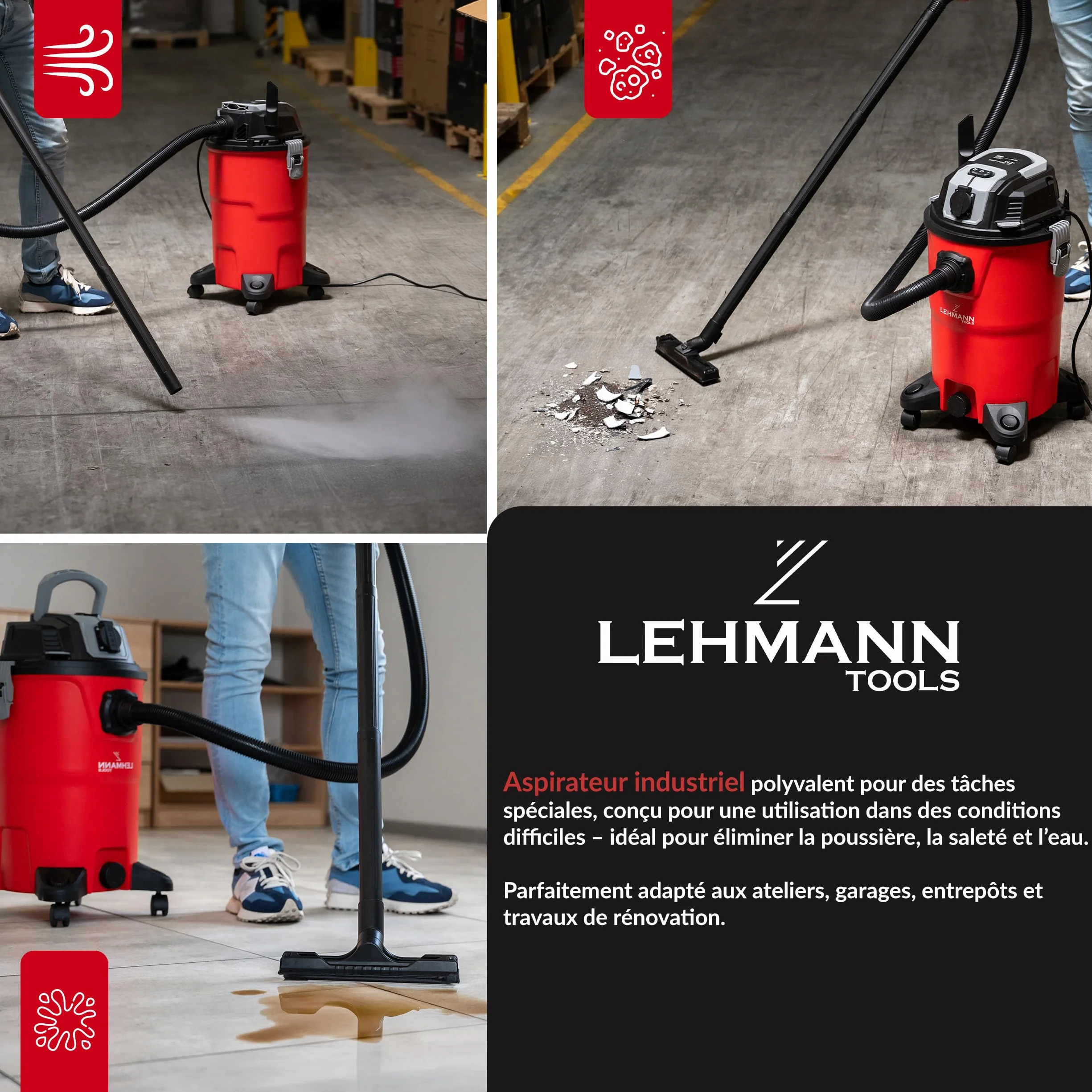 LEHMANN Aspirateur Industriel sans Sac 30L 2000W HEPA Eau et Poussière avec Prise Soufflage Secoueur de Filtre