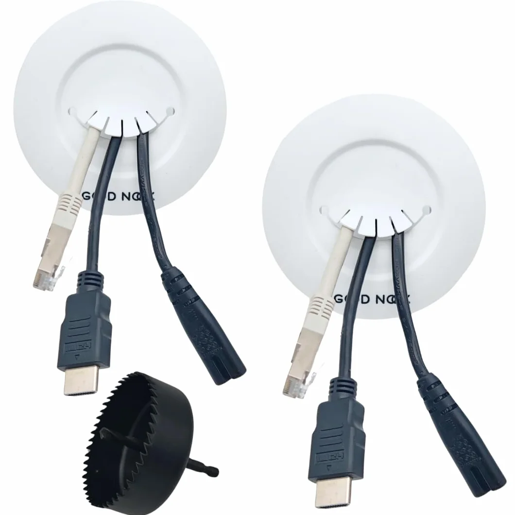 Cache-câble TV Mural Rond Blanc Good Nook Kit Cable Management avec Scie-Cloche