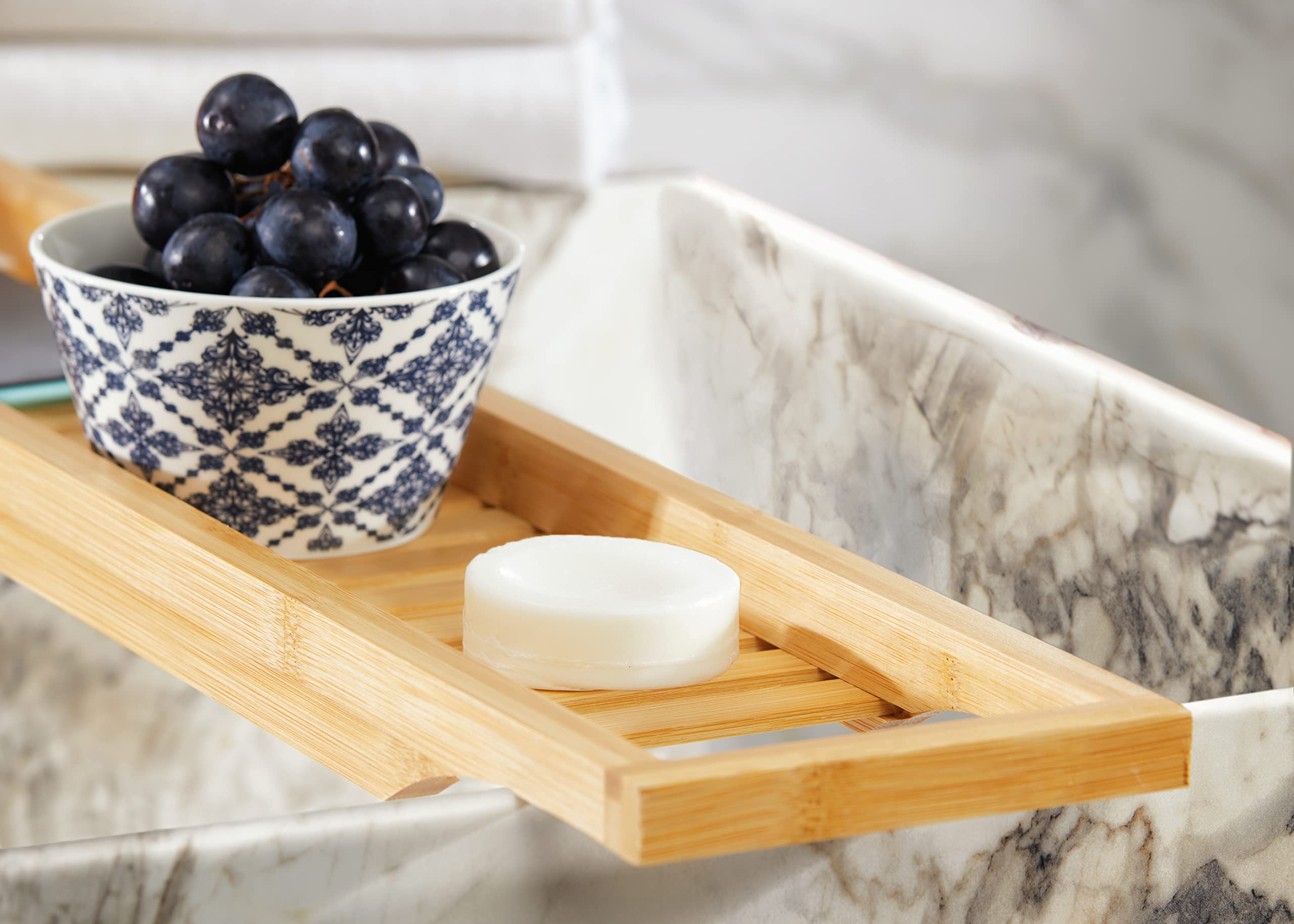 Elegant Bamboo Bathtub Caddy with Book and Wine Holder