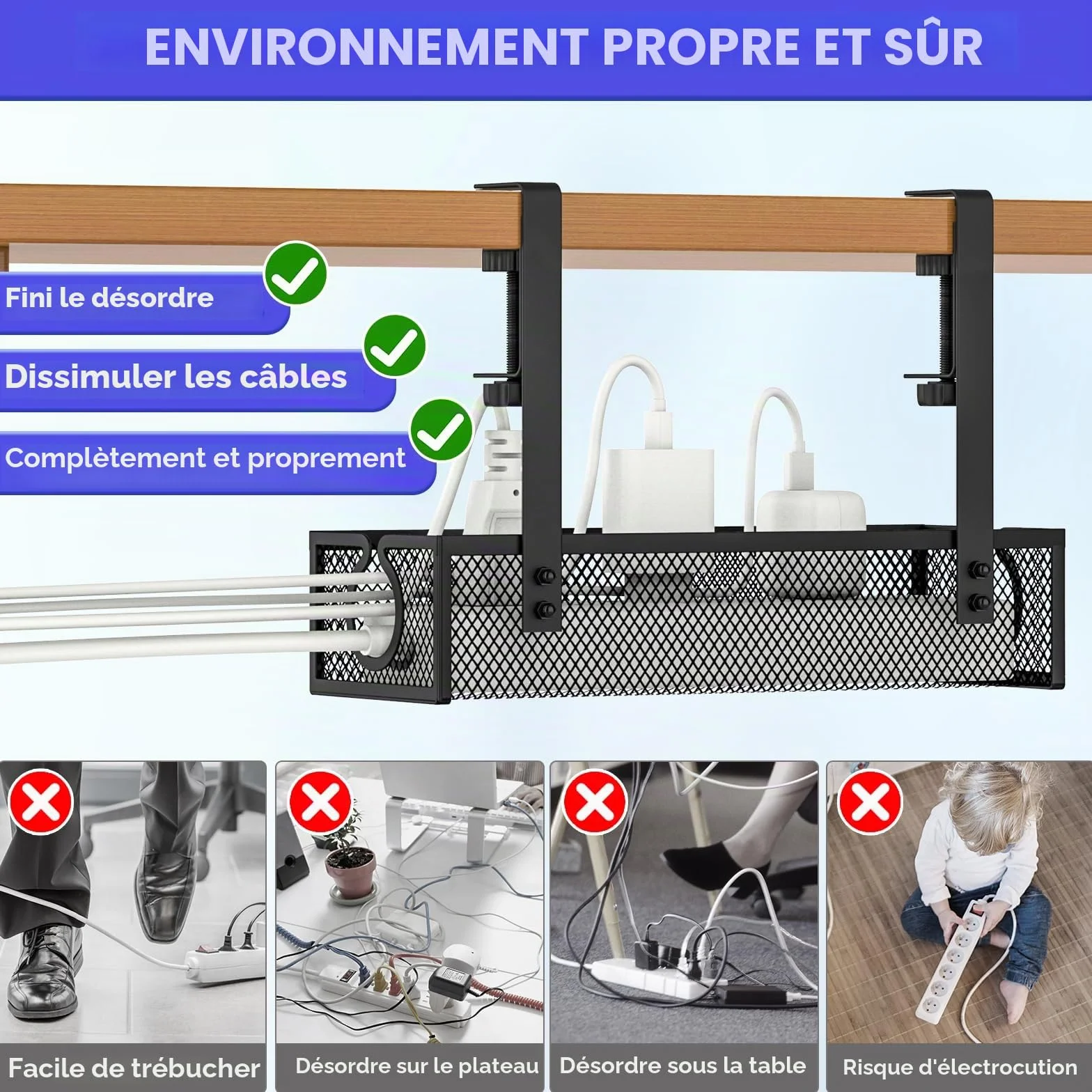 DECOHOME Plateau de Gestion des câbles sous Bureau, Panier de câbles en Maille sans perçage, Organisateur de Fils