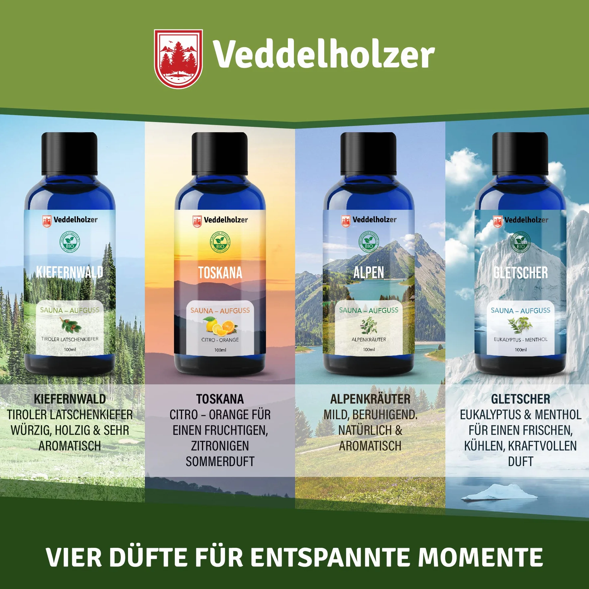 Veddelholzer Ensemble de sauna bio huiles essentielles pures 4 x 100 ml set