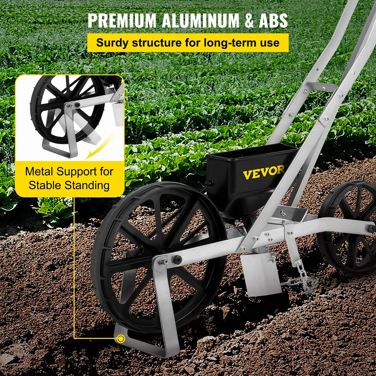 VEVOR Semoir Jardin Manuel Aluminium ABS Épandeur Engrais Gazon 78-84 cm Distributeur Graines Précision Métal 6 Plaques de Semences Roue Avant 6 cm Arrière 5 cm pour Graines Maïs, Radis, Carotte, Pois
