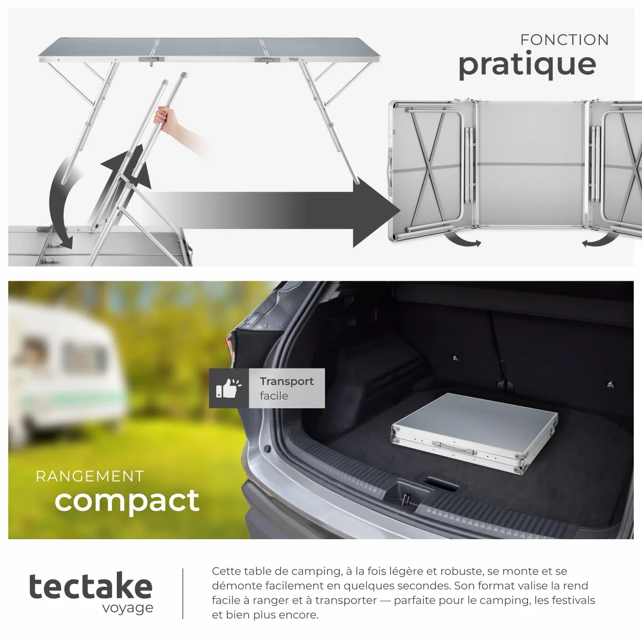 Tectake Table Pliante de Pique Nique Camping Aluminium INOX 180x70x70cm Réglable en Hauteur