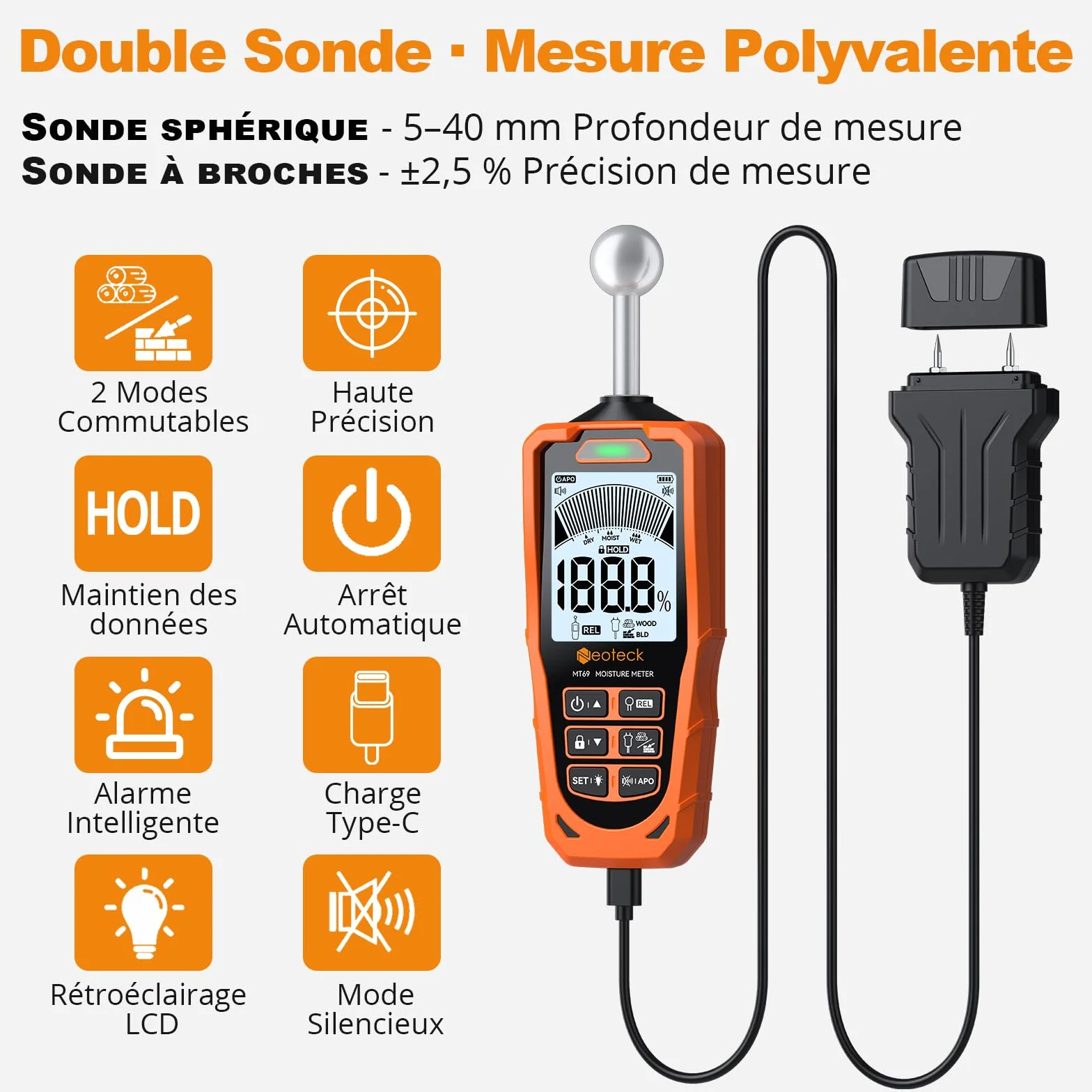 Neoteck Testeur Humidité 2 en 1 à Sondes Sphérique et à Aiguilles ±2.5% pour Bois Béton Humidimètre Numérique LCD