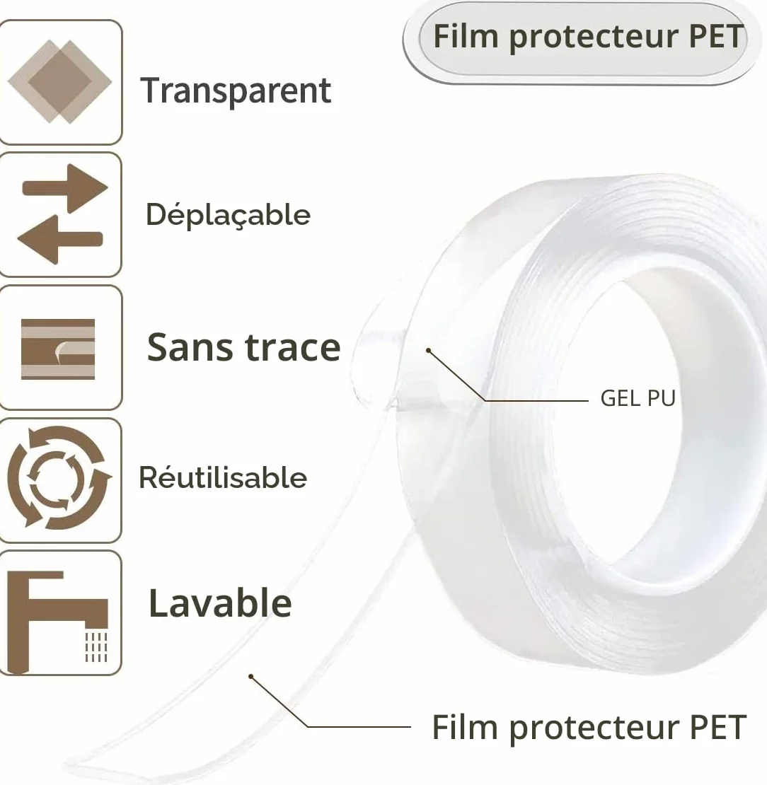 Ruban Adhésif Double Face Extra Fort 6M Nano Tape Transparent Lavable Antidérapant