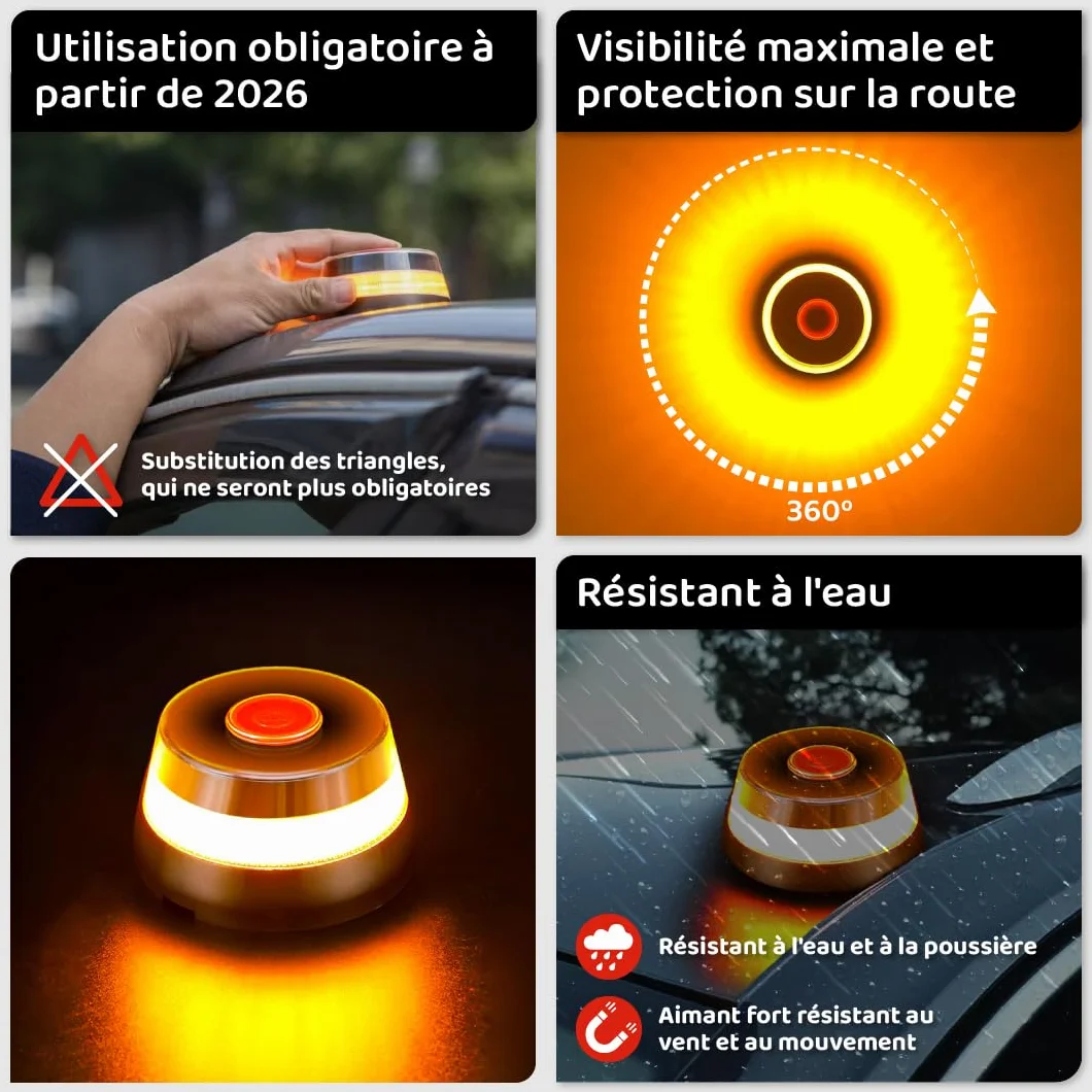 Gyrophare LED V16 Homologué DGT Espagne Balise Voiture Secours Géolocalisation Connexion Jusqu'en 2038 Base Magnétique Étanche IP54